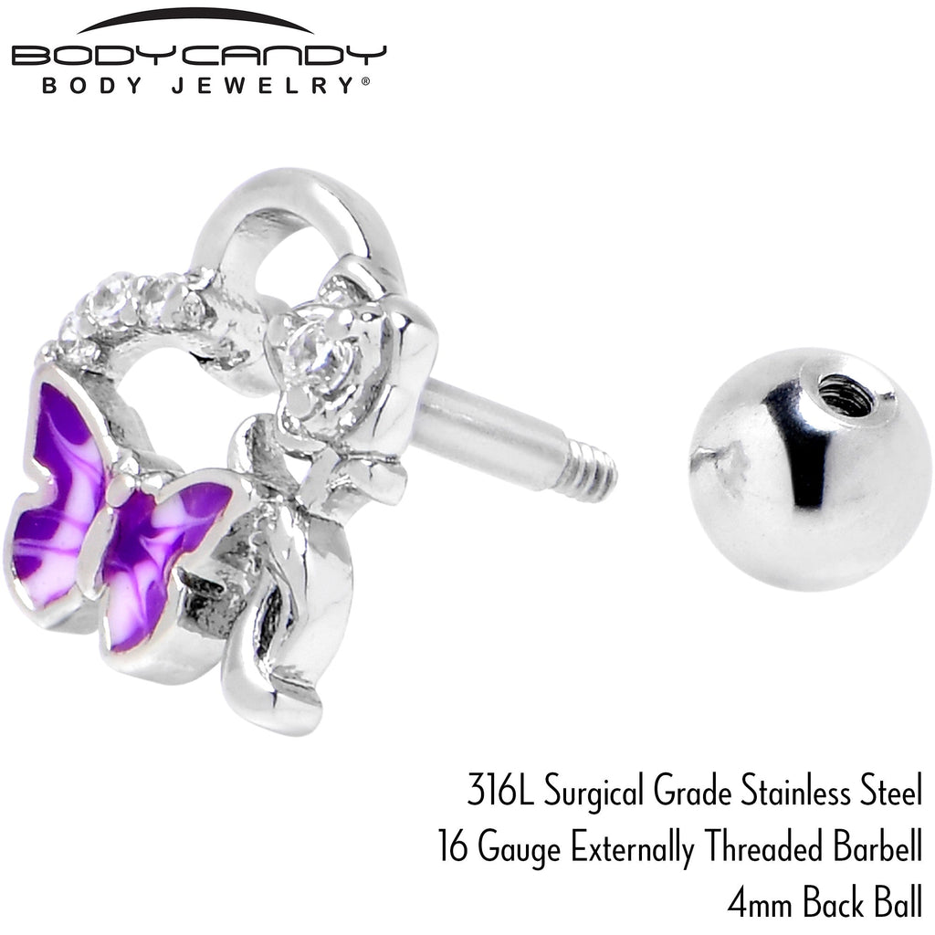 BodyCandy 16G 1/4 Clear CZ Gem Butterfly Flower Purple Cartilage Earring — alternative angle