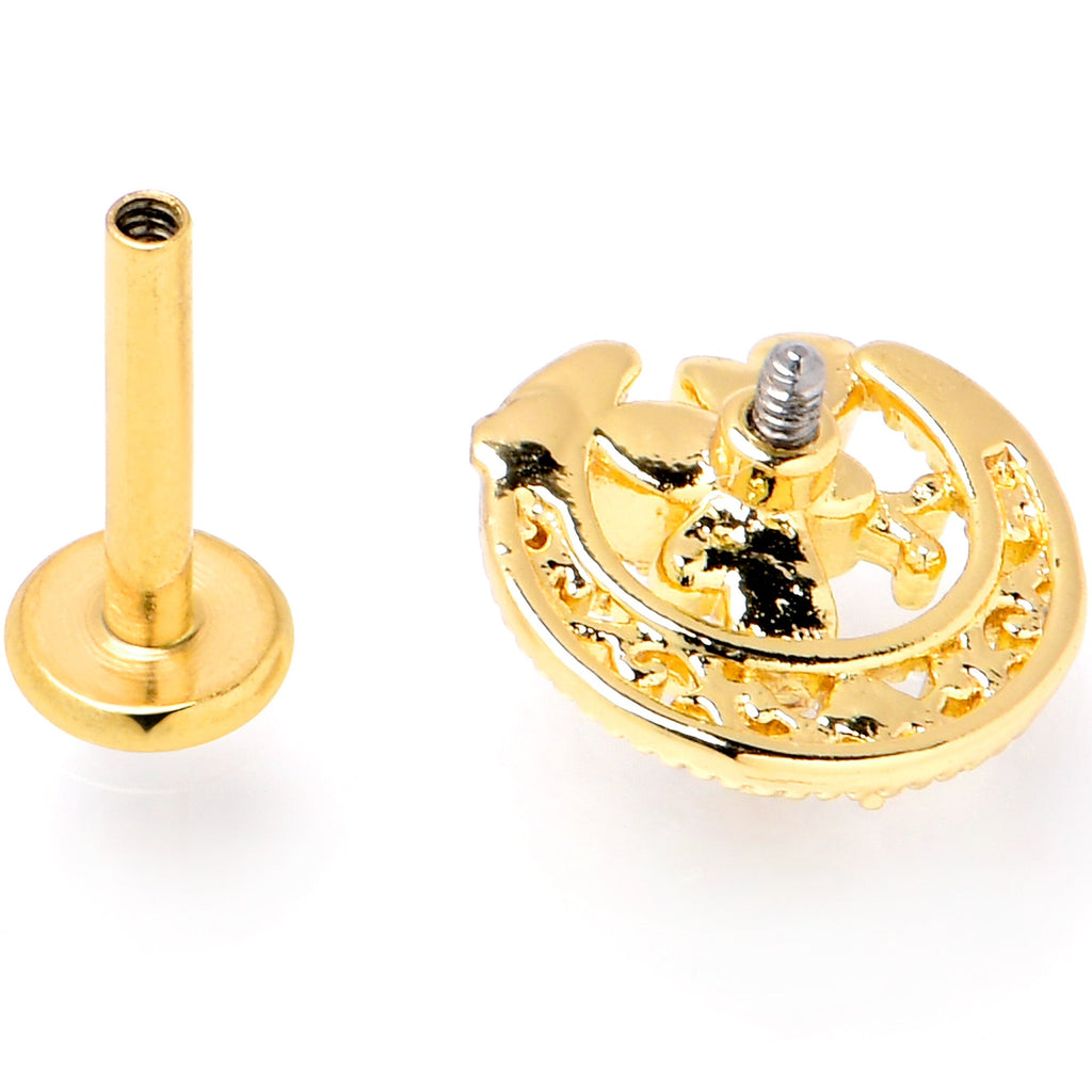 BodyCandy 16G 5/16 Clear Gem Gold Tone Interally Threaded Dragonfly Labret — side view