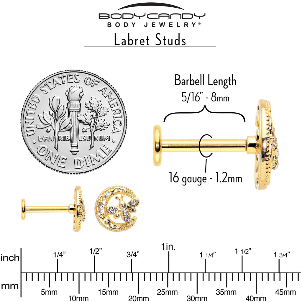 BodyCandy 16G 5/16 Clear Gem Gold Tone Interally Threaded Dragonfly Labret — in-use photo