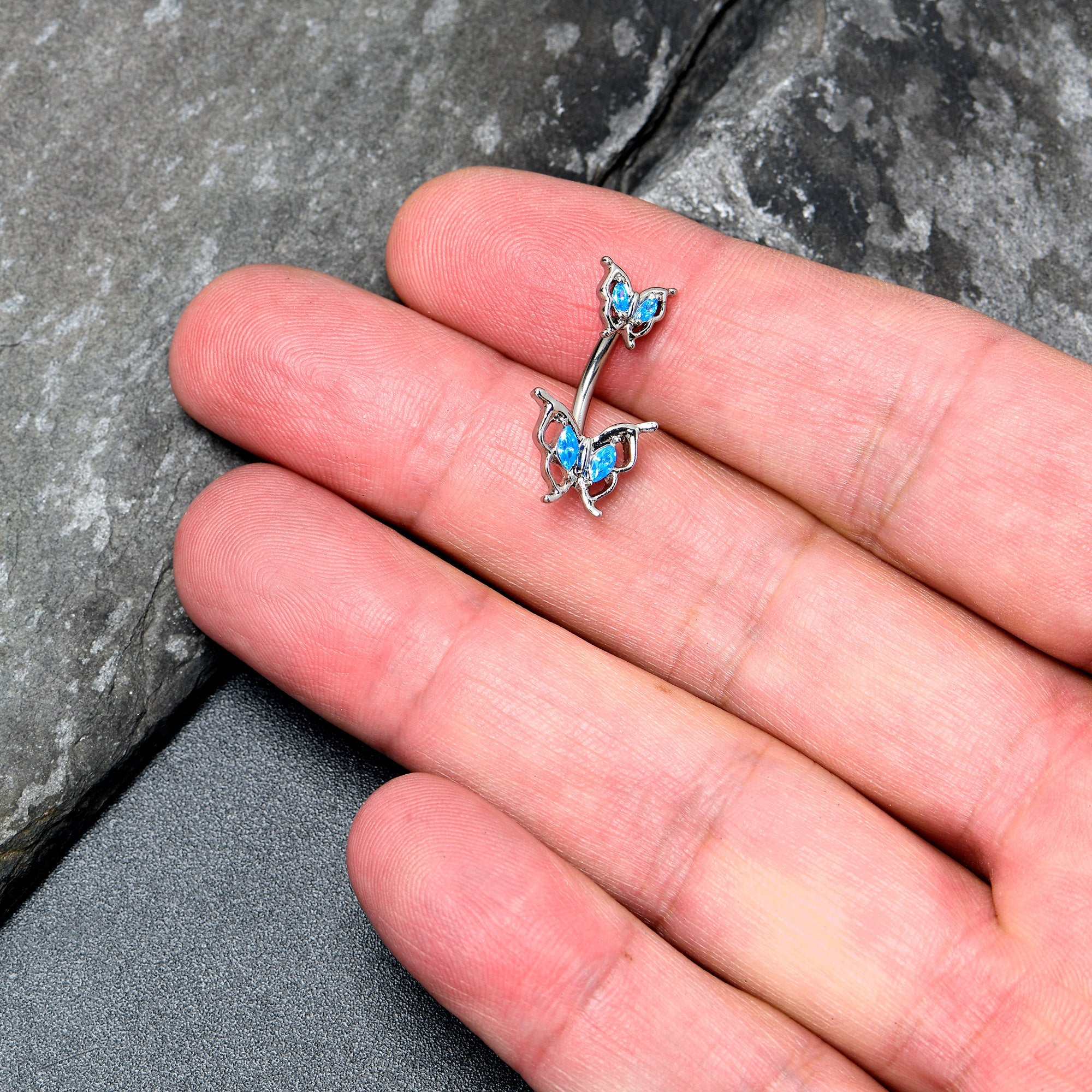 BodyCandy Blue Gem Fancy Fab Butterfly Double Mount Belly Ring — detail close-up