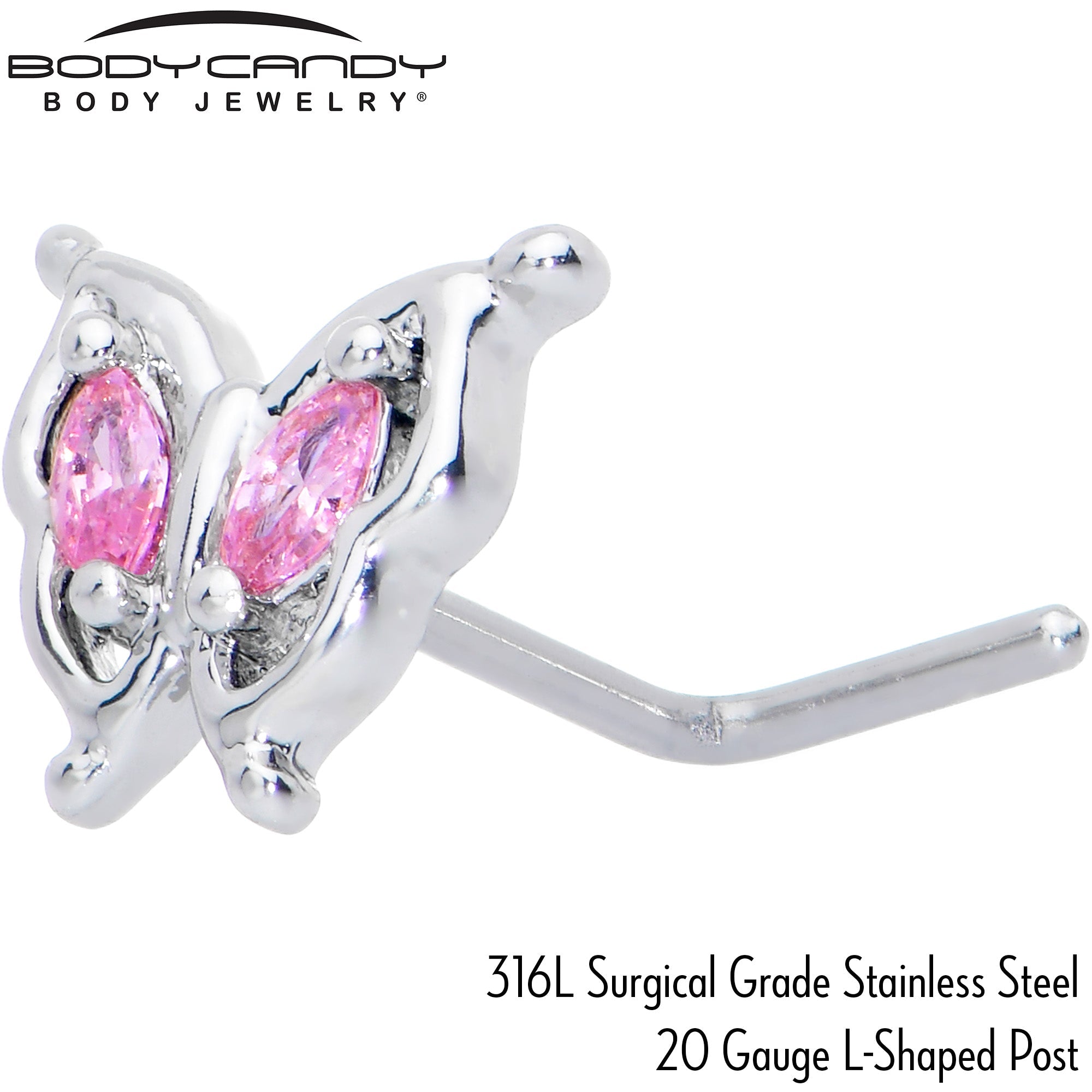 BodyCandy 20G 7mm Pink Gem Fancy Fab Butterfly L Shape Nose Ring — back view