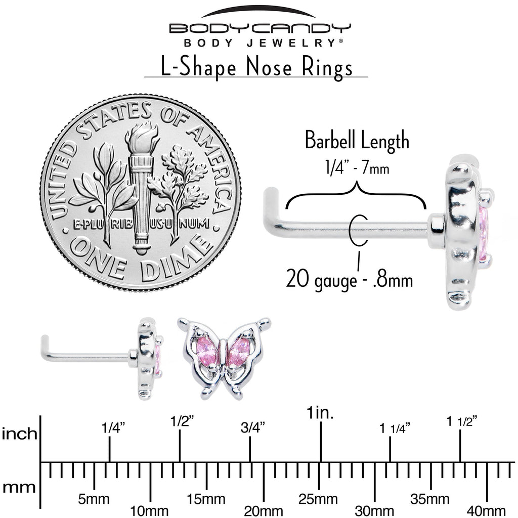 BodyCandy 20G 7mm Pink Gem Fancy Fab Butterfly L Shape Nose Ring — alternative angle