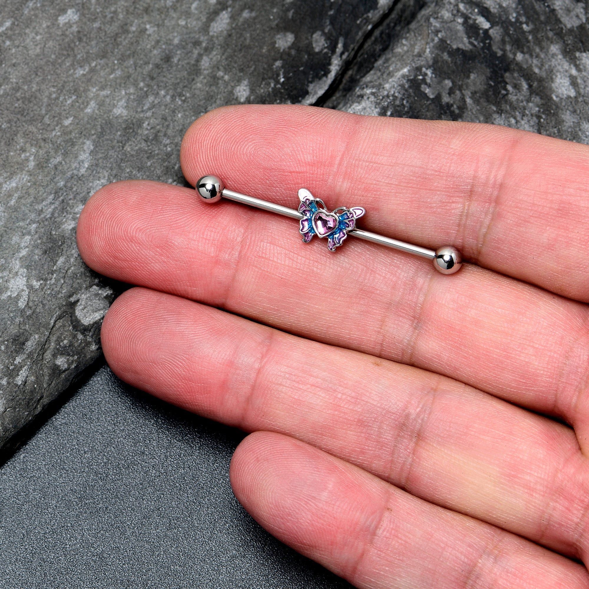BodyCandy 14G Pink Gem Heart Butterfly Purple Industrial Barbell 38mm — side view