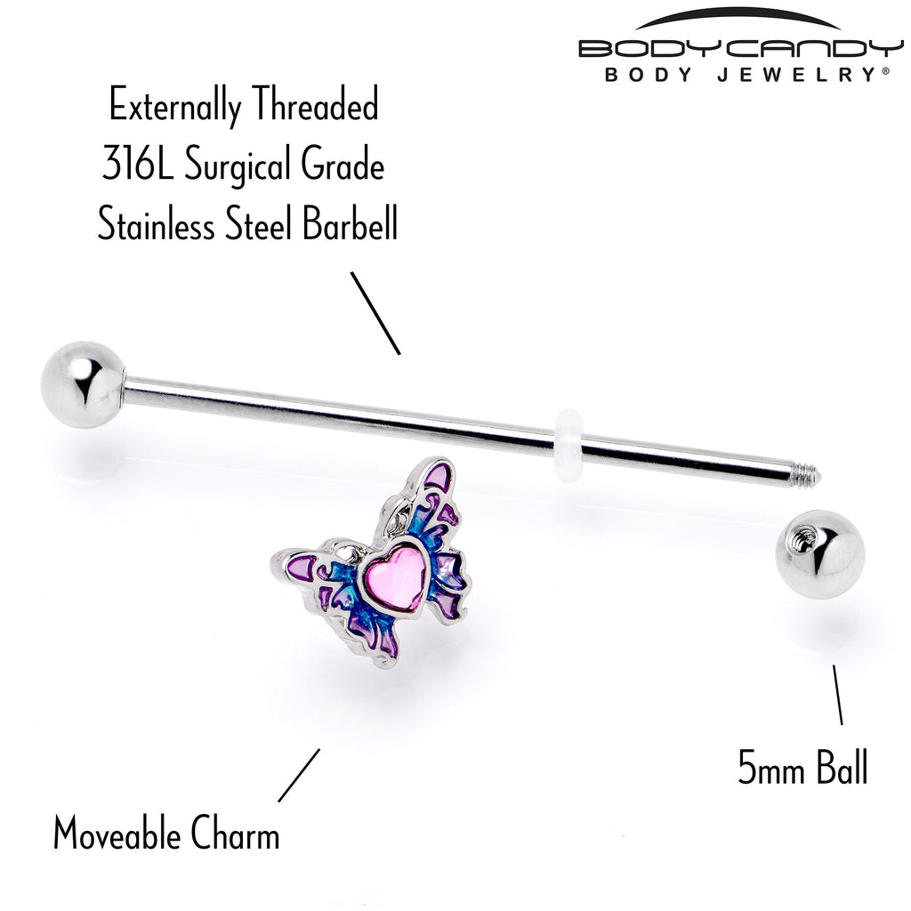BodyCandy 14G Pink Gem Heart Butterfly Purple Industrial Barbell 38mm — in-use photo
