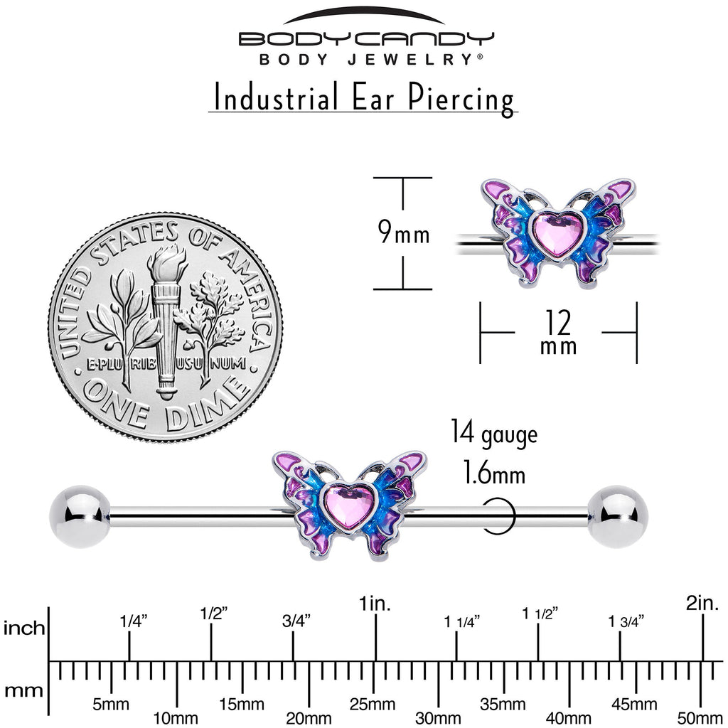 BodyCandy 14G Pink Gem Heart Butterfly Purple Industrial Barbell 38mm — size reference