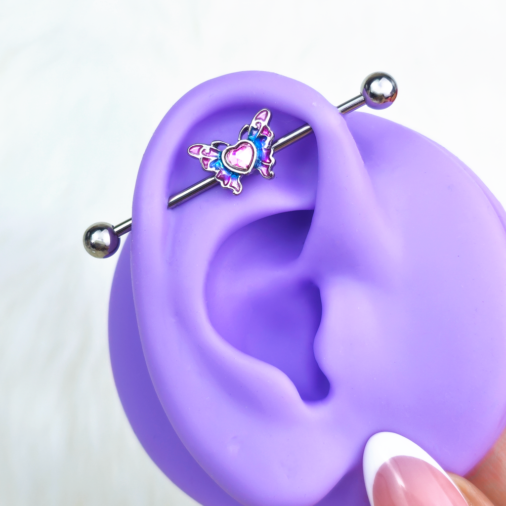 BodyCandy 14G Pink Gem Heart Butterfly Purple Industrial Barbell 38mm — detail close-up