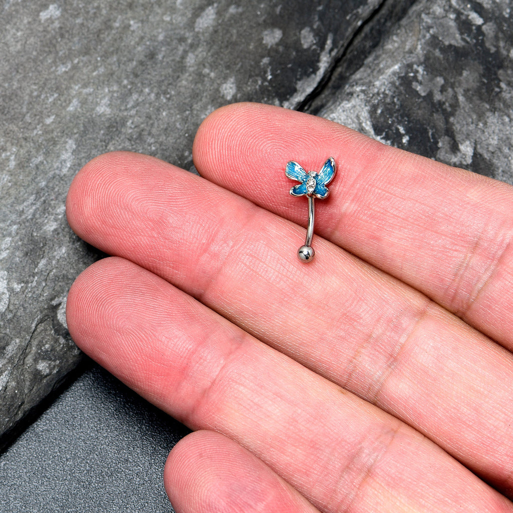 BodyCandy 16G 5/16 Clear Gem Chunky Butterfly Blue Curved Eyebrow Ring — detail close-up
