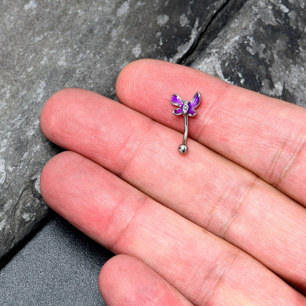 BodyCandy 16G 5/16 Clear Gem Chunky Butterfly Purple Curved Eyebrow Ring — detail close-up