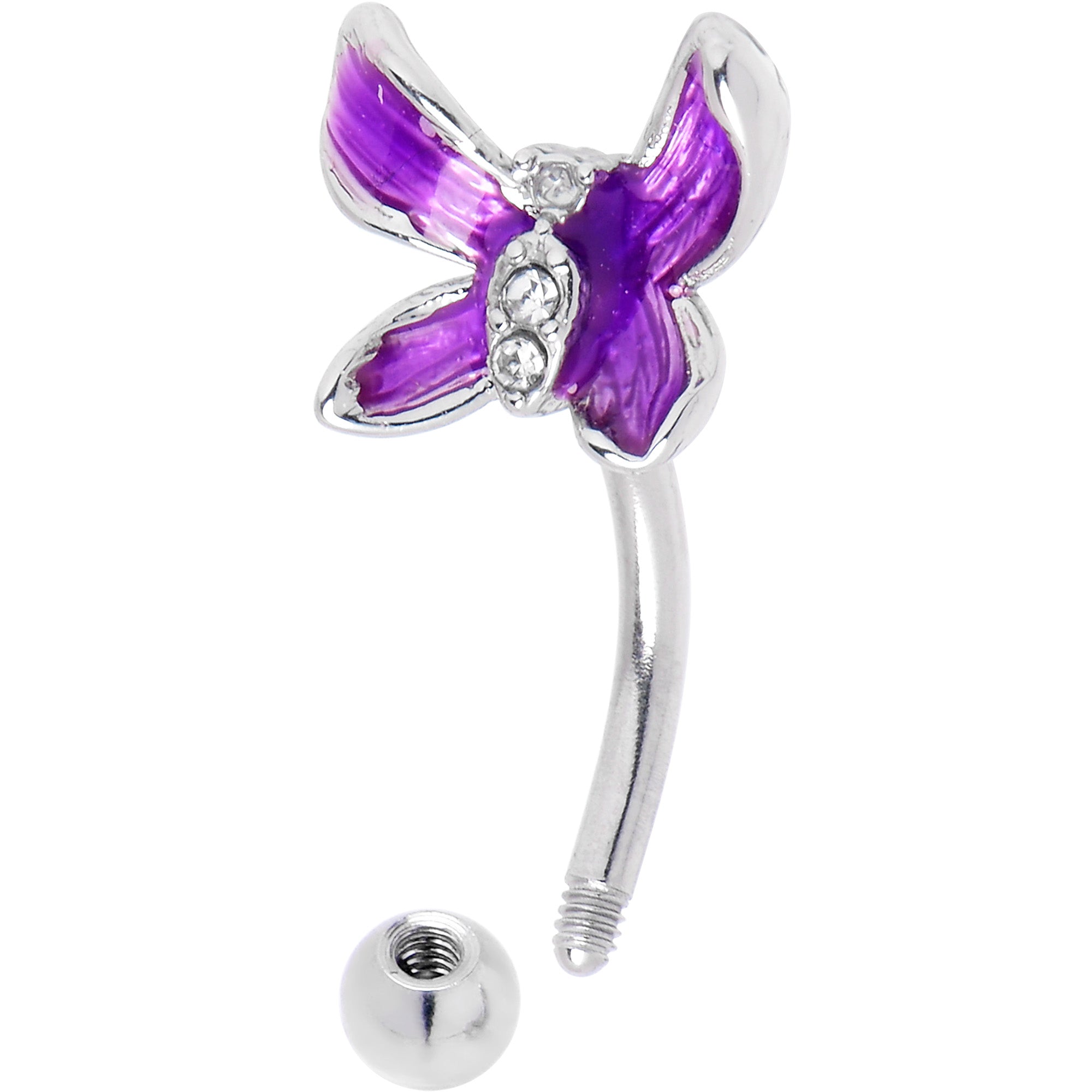 BodyCandy 16G 5/16 Clear Gem Chunky Butterfly Purple Curved Eyebrow Ring — side view