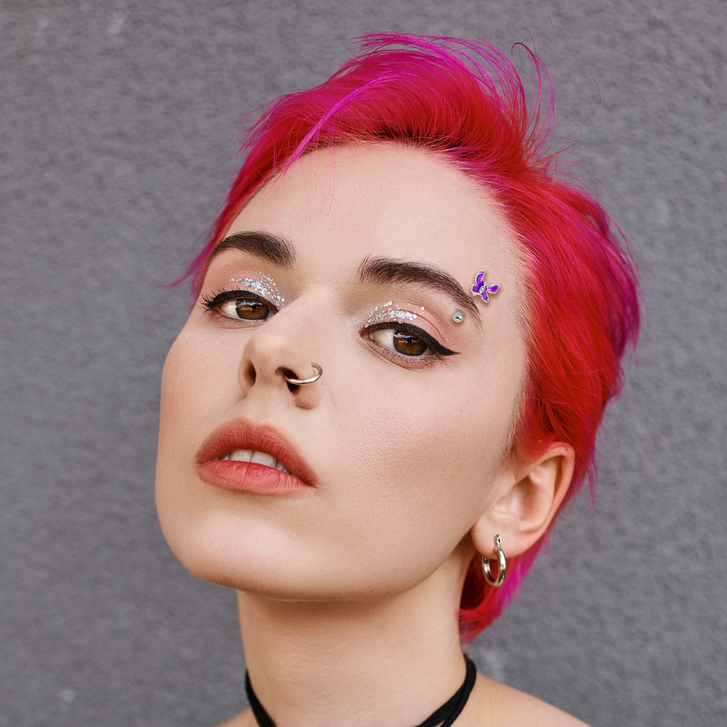 BodyCandy 16G 5/16 Clear Gem Chunky Butterfly Purple Curved Eyebrow Ring — back view