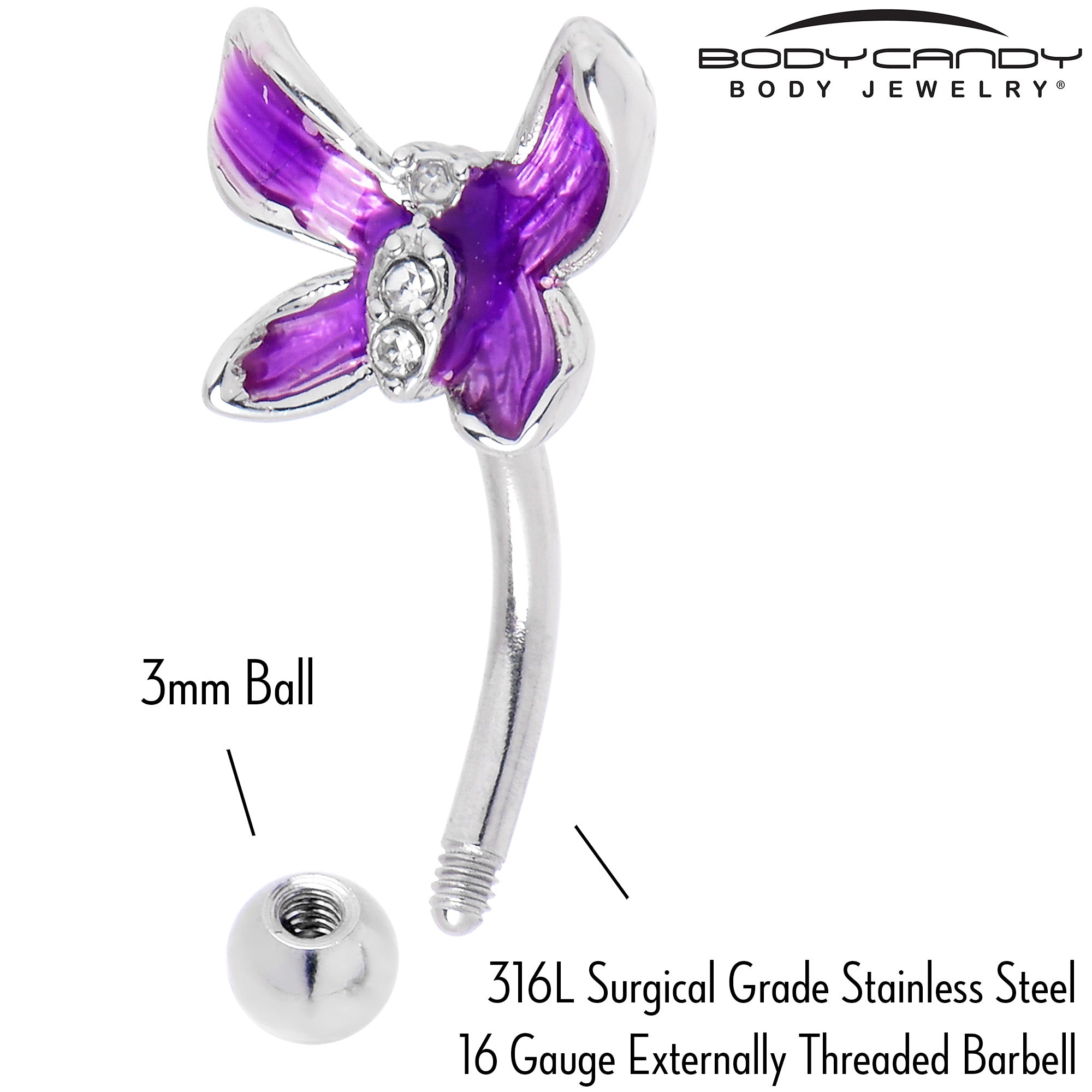 BodyCandy 16G 5/16 Clear Gem Chunky Butterfly Purple Curved Eyebrow Ring — alternative angle