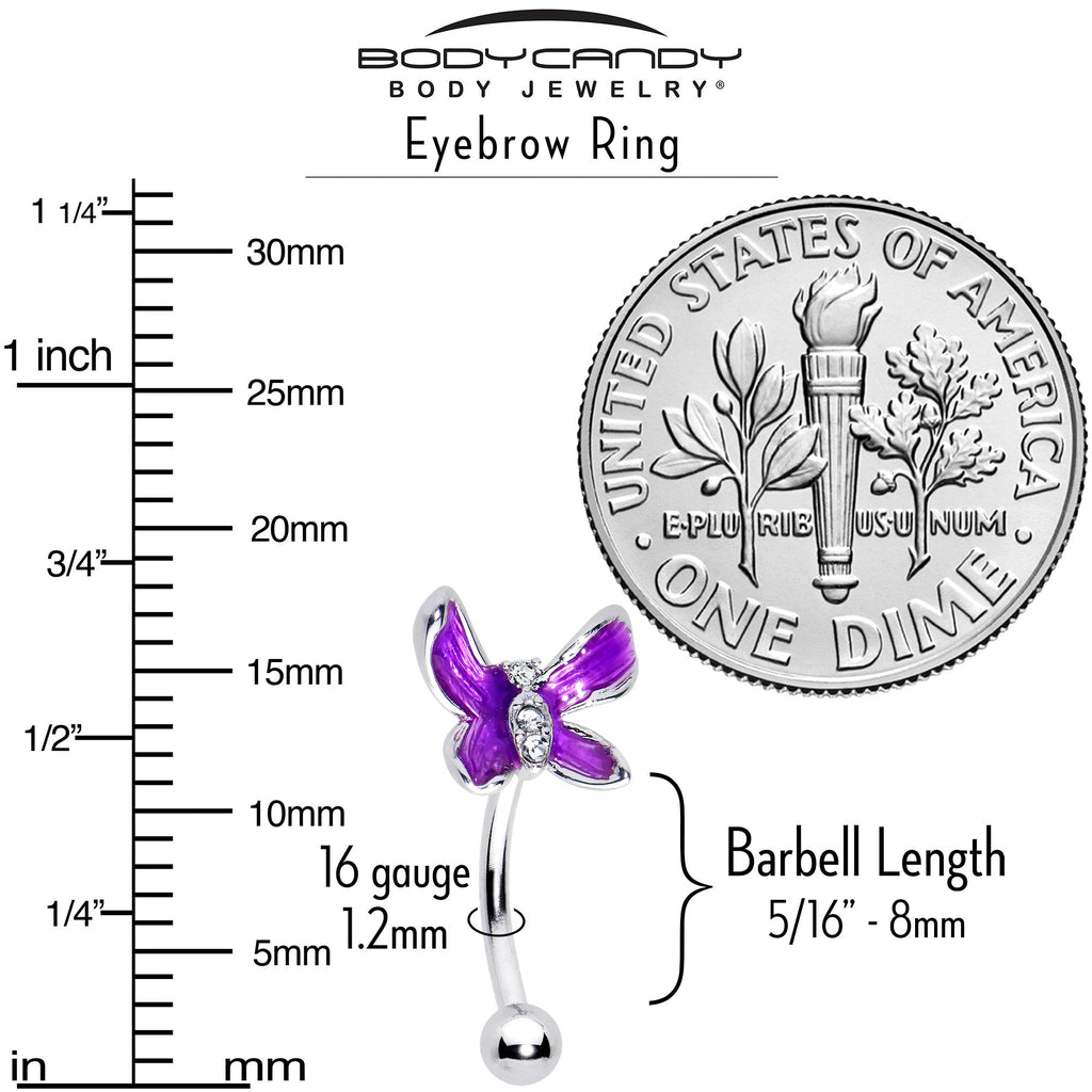 BodyCandy 16G 5/16 Clear Gem Chunky Butterfly Purple Curved Eyebrow Ring — in-use photo