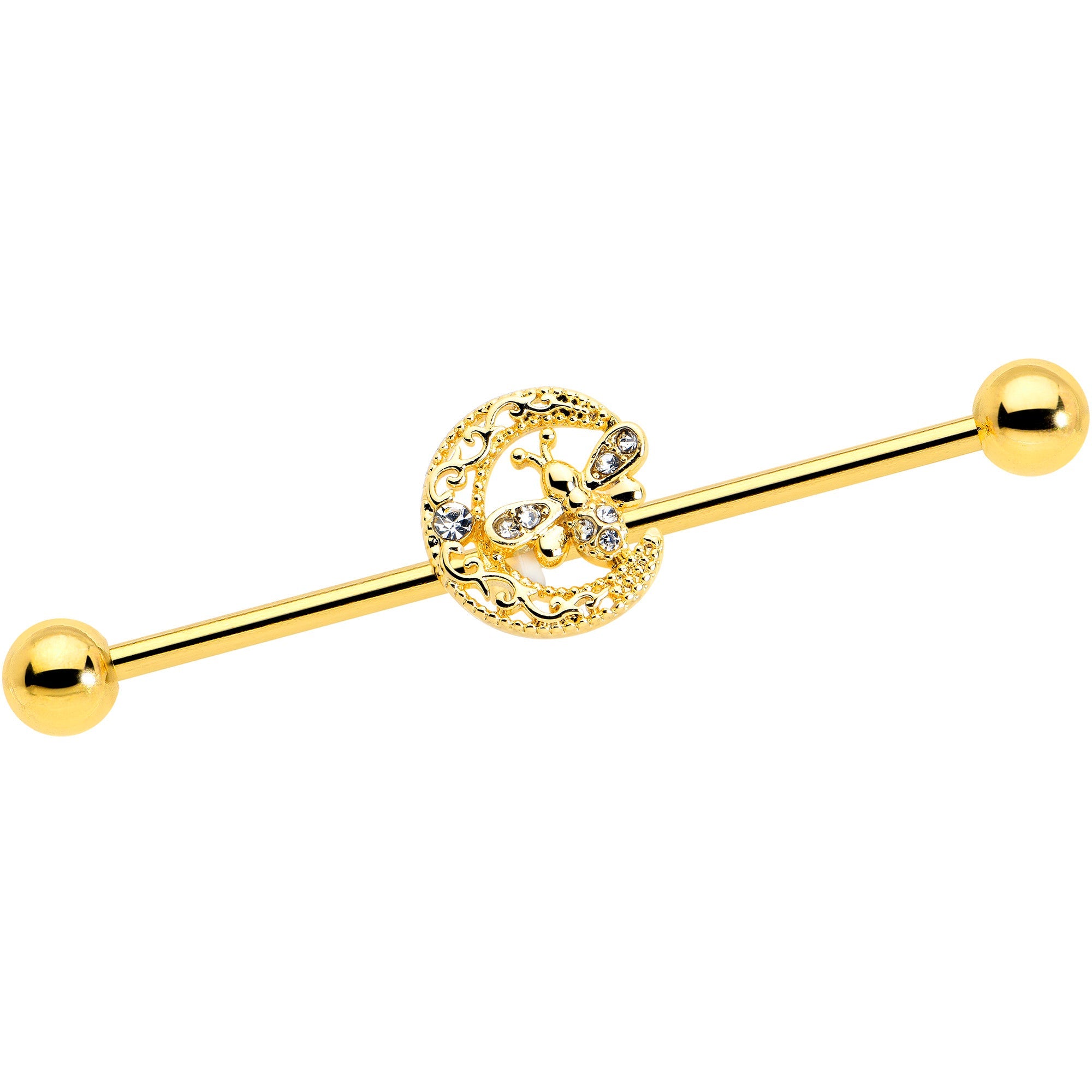 BodyCandy 14G Clear Gem Gold Tone Lunar Dragonfly Industrial Barbell 38mm — main product shot