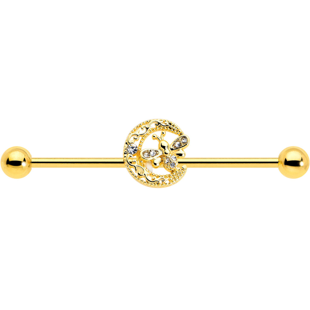 BodyCandy 14G Clear Gem Gold Tone Lunar Dragonfly Industrial Barbell 38mm — detail close-up