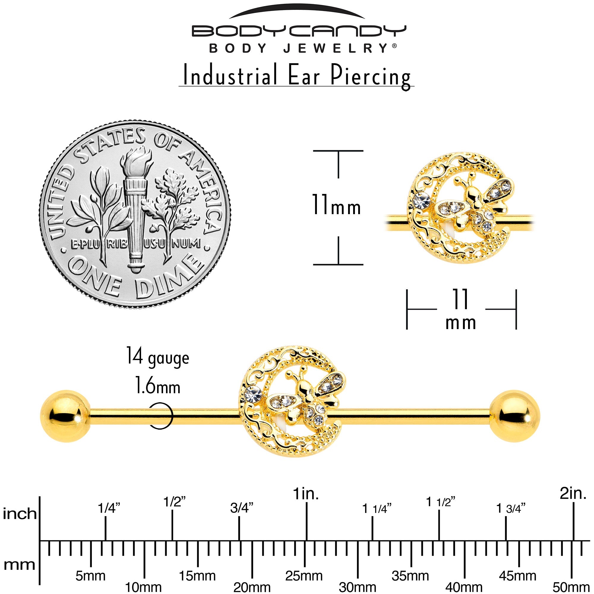 BodyCandy 14G Clear Gem Gold Tone Lunar Dragonfly Industrial Barbell 38mm — lifestyle context