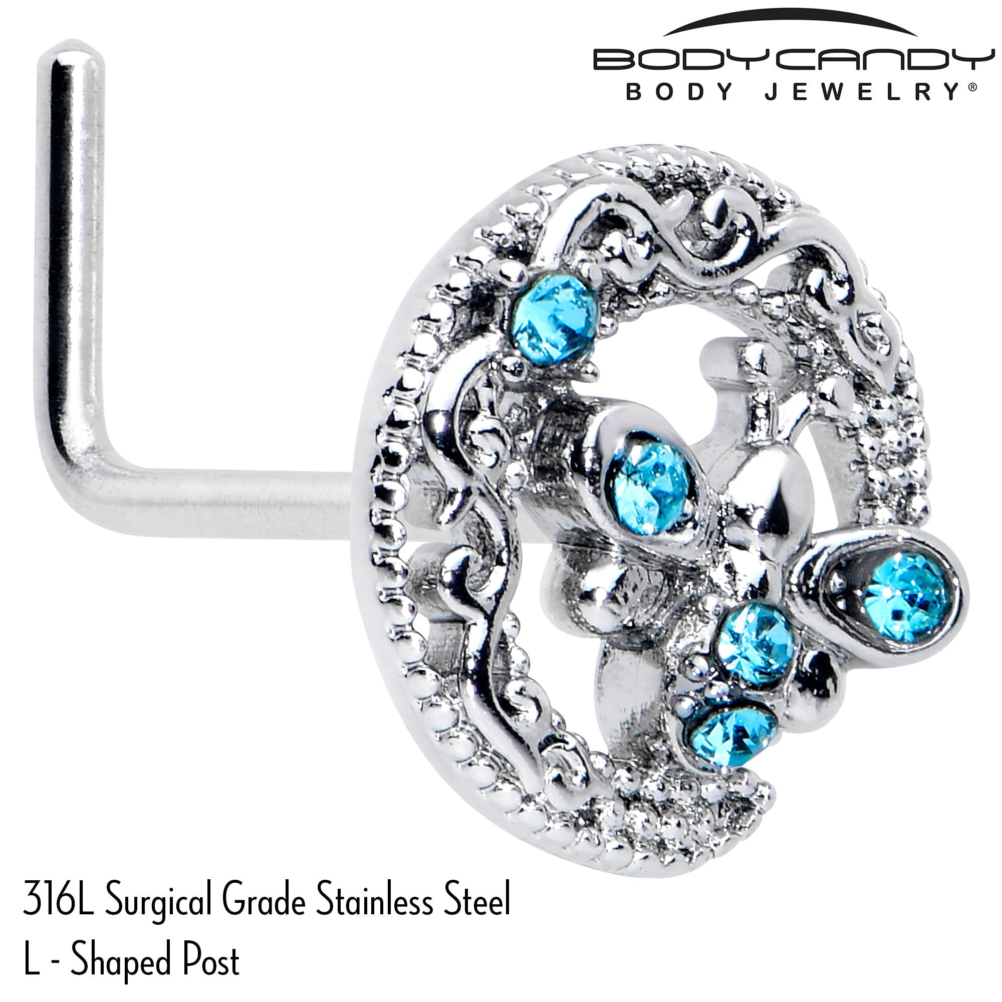 BodyCandy 20G 7mm Blue Gem Lunar Dragonfly L Shape Nose Ring — back view