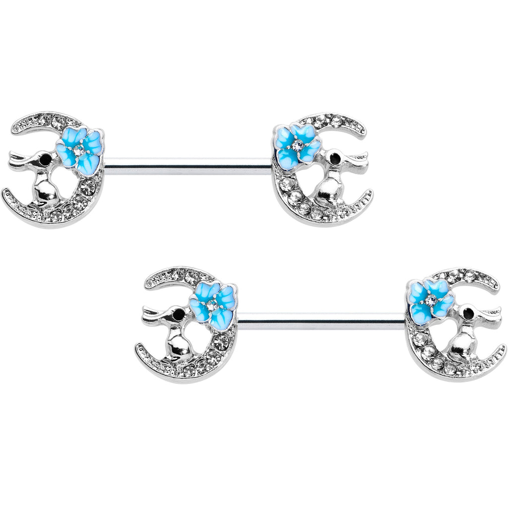 BodyCandy 14G 9/16 Clear Gem Rabbit On Moon Flower Blue Nipple Ring Set — main product shot