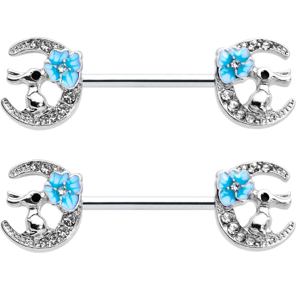 BodyCandy 14G 9/16 Clear Gem Rabbit On Moon Flower Blue Nipple Ring Set — detail close-up