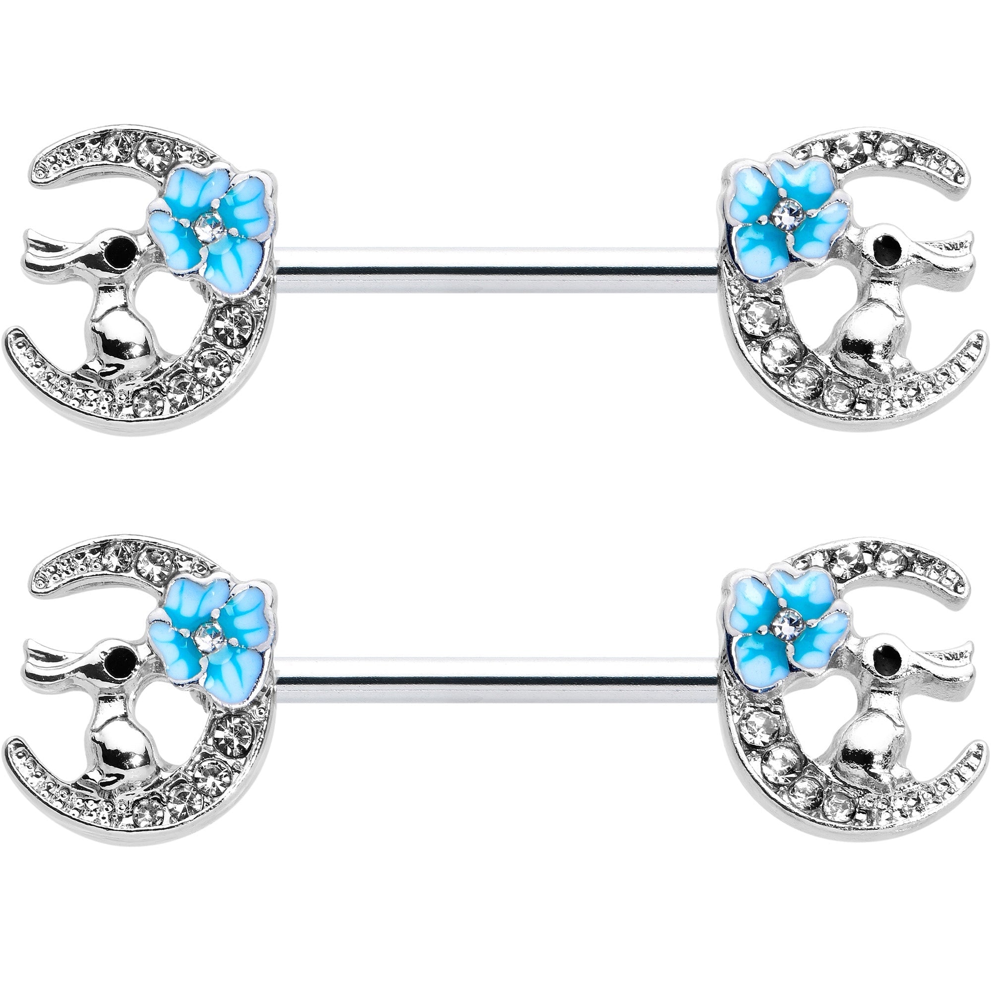 BodyCandy 14G 9/16 Clear Gem Rabbit On Moon Flower Blue Nipple Ring Set — detail close-up