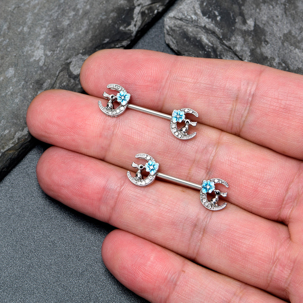 BodyCandy 14G 9/16 Clear Gem Rabbit On Moon Flower Blue Nipple Ring Set — lifestyle context