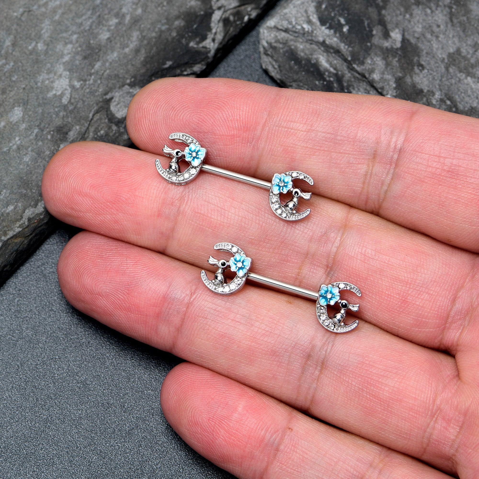 BodyCandy 14G 9/16 Clear Gem Rabbit On Moon Flower Blue Nipple Ring Set — lifestyle context