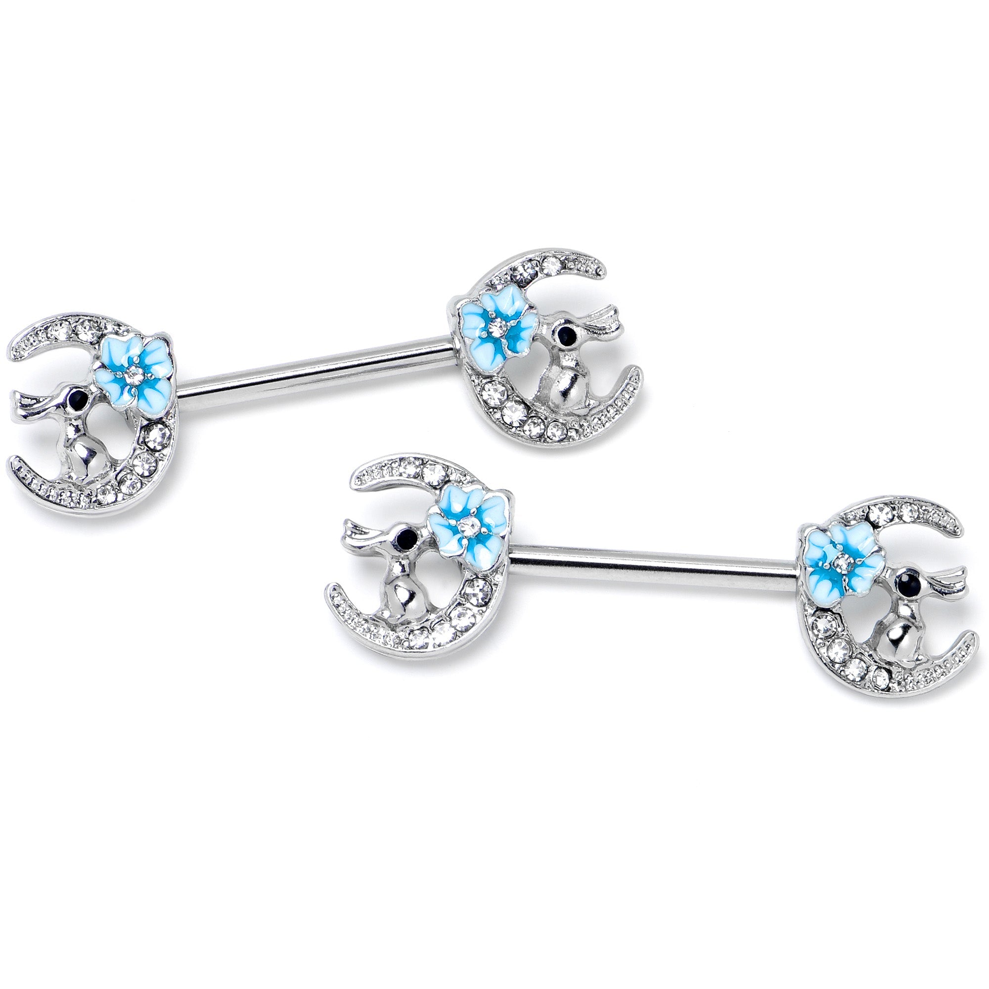 BodyCandy 14G 9/16 Clear Gem Rabbit On Moon Flower Blue Nipple Ring Set — side view