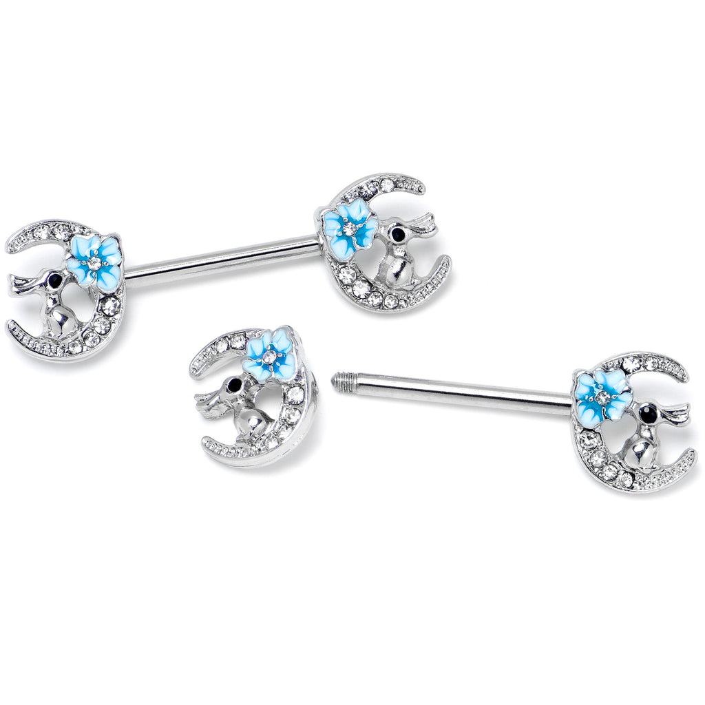 BodyCandy 14G 9/16 Clear Gem Rabbit On Moon Flower Blue Nipple Ring Set — back view