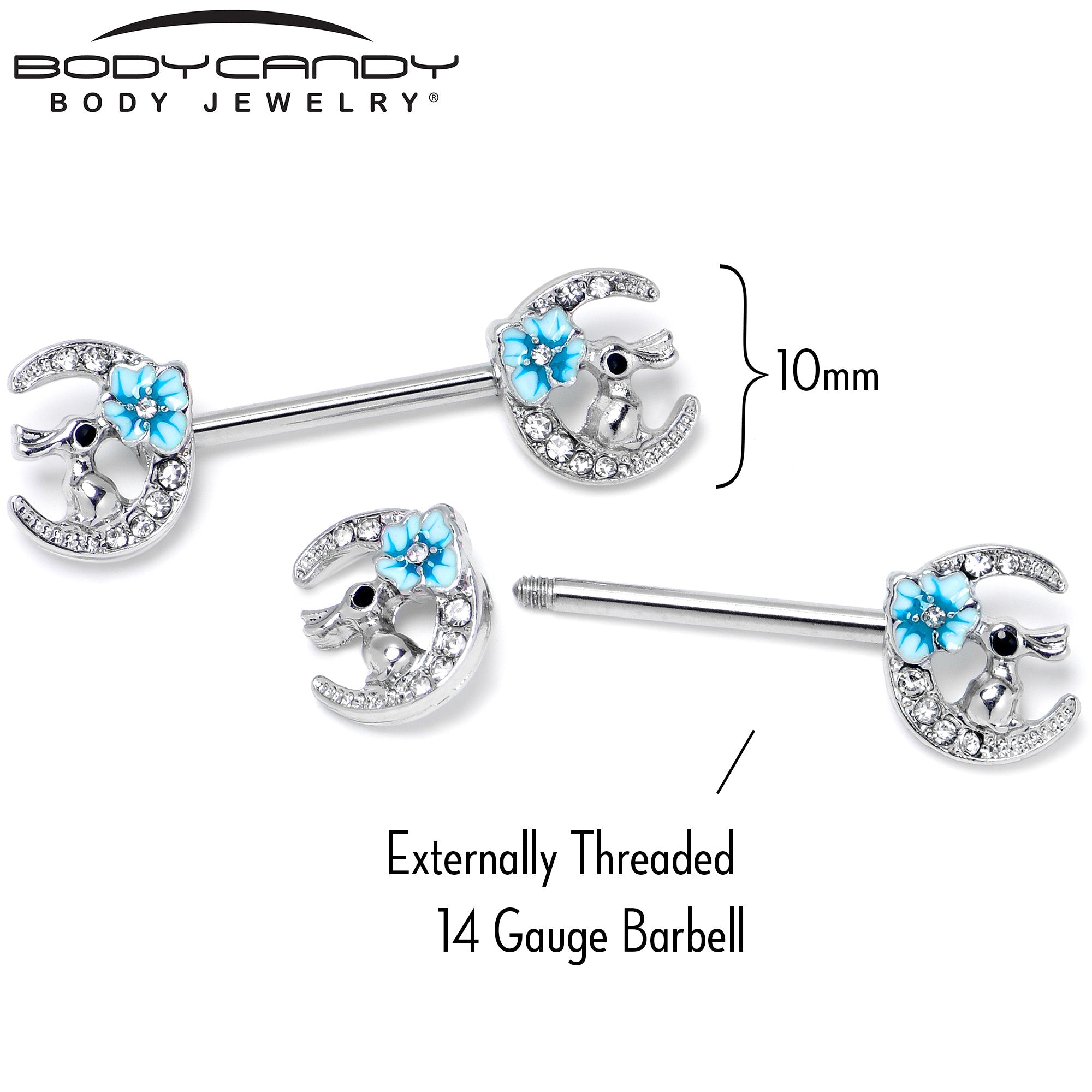 BodyCandy 14G 9/16 Clear Gem Rabbit On Moon Flower Blue Nipple Ring Set — alternative angle