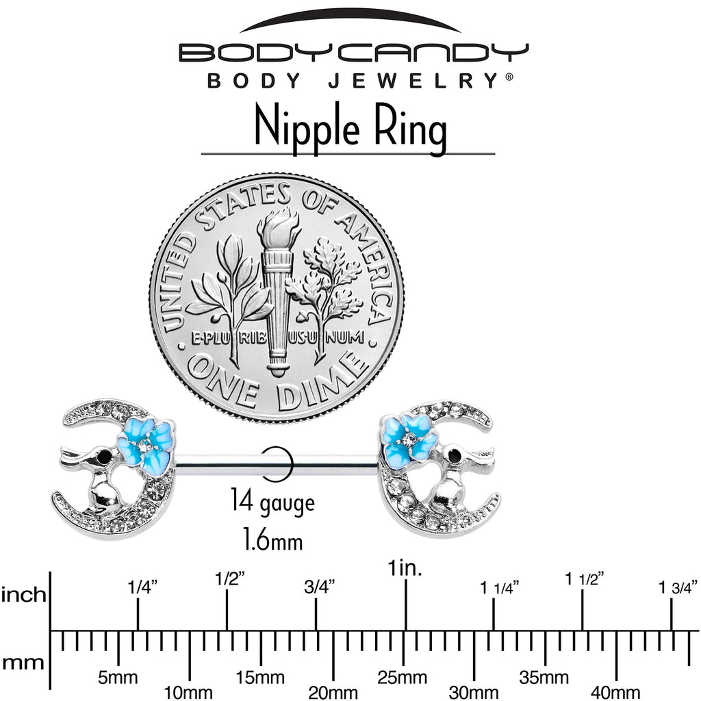 BodyCandy 14G 9/16 Clear Gem Rabbit On Moon Flower Blue Nipple Ring Set — in-use photo
