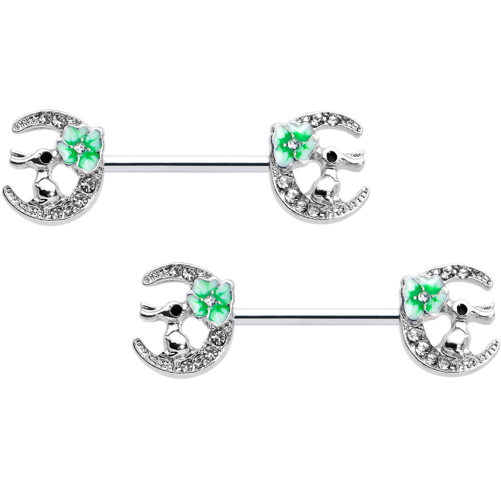 BodyCandy 14G 9/16 Clear Gem Rabbit On Moon Flower Green Nipple Ring Set — main product shot