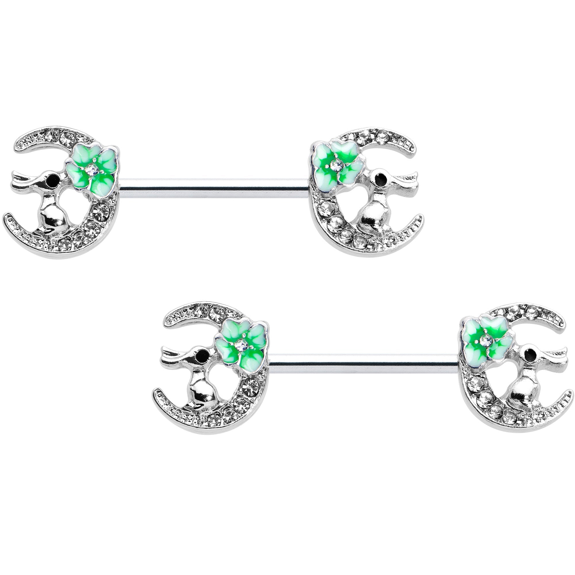 BodyCandy 14G 9/16 Clear Gem Rabbit On Moon Flower Green Nipple Ring Set — main product shot