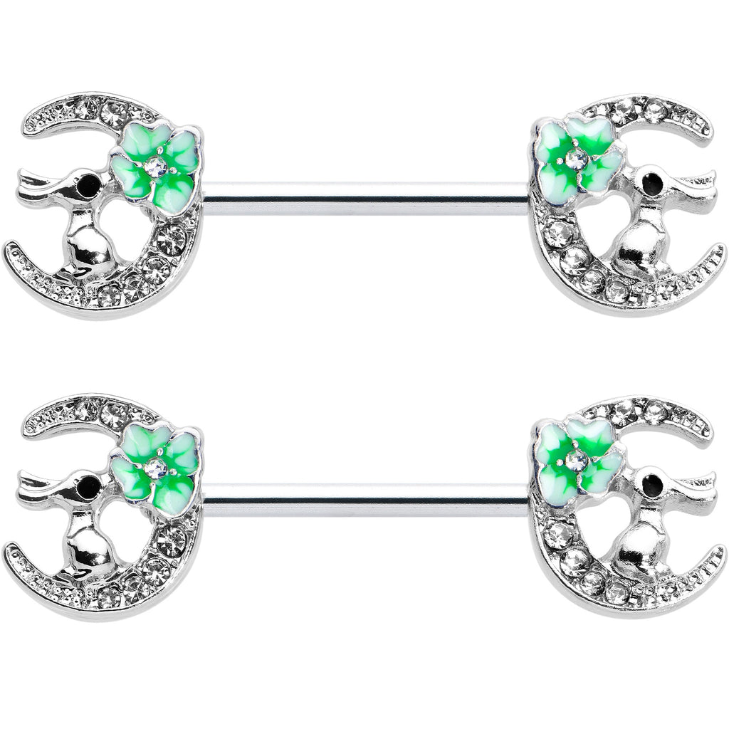 BodyCandy 14G 9/16 Clear Gem Rabbit On Moon Flower Green Nipple Ring Set — detail close-up
