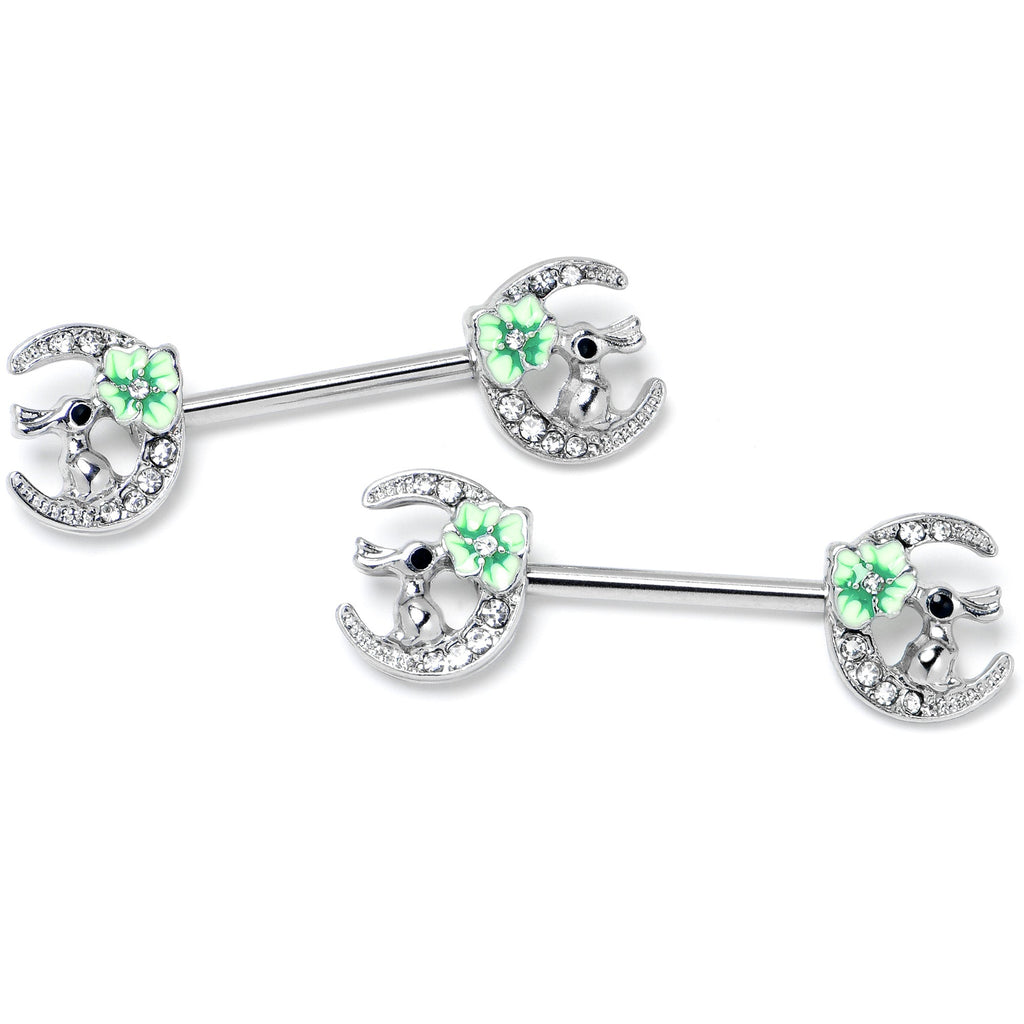 BodyCandy 14G 9/16 Clear Gem Rabbit On Moon Flower Green Nipple Ring Set — side view