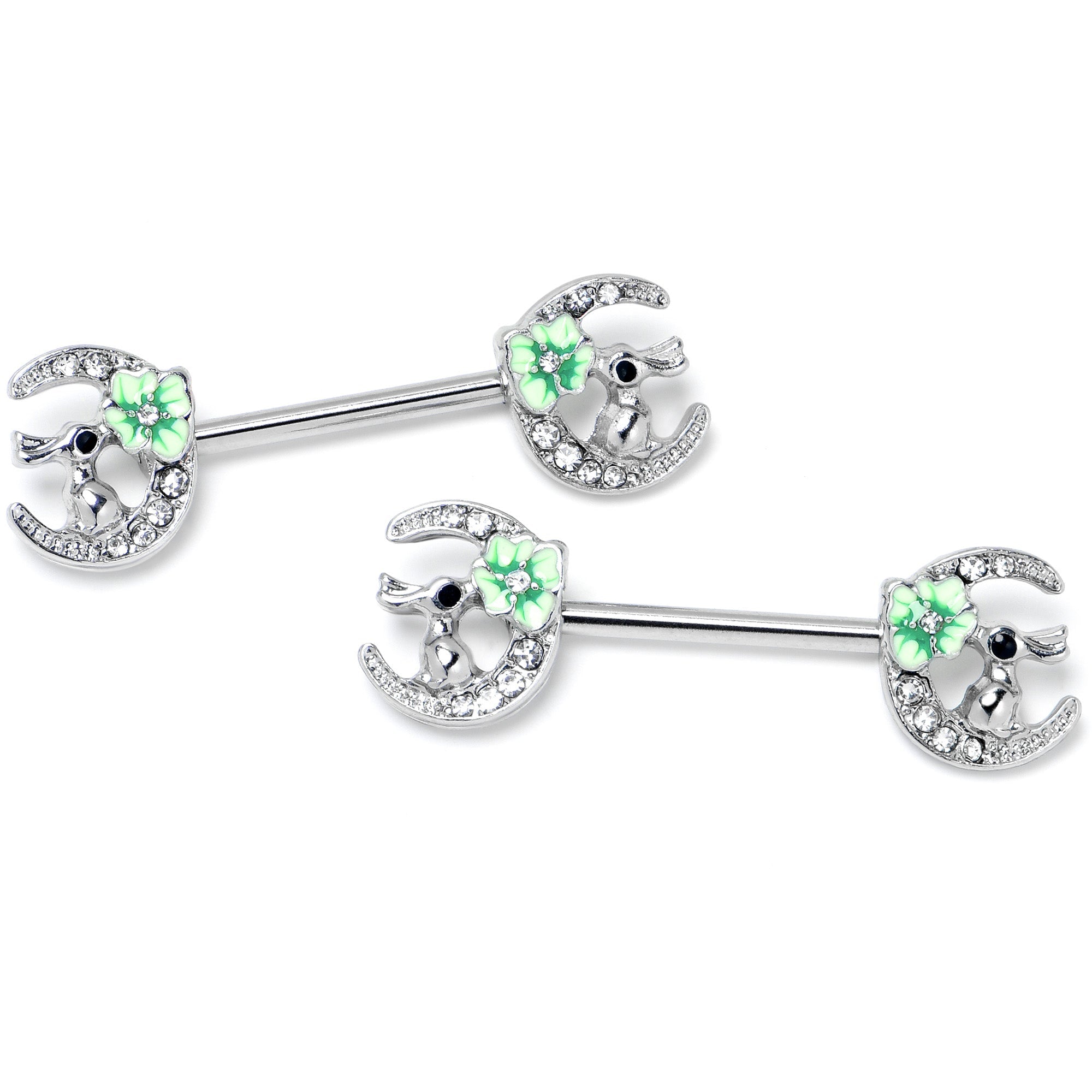 BodyCandy 14G 9/16 Clear Gem Rabbit On Moon Flower Green Nipple Ring Set — side view