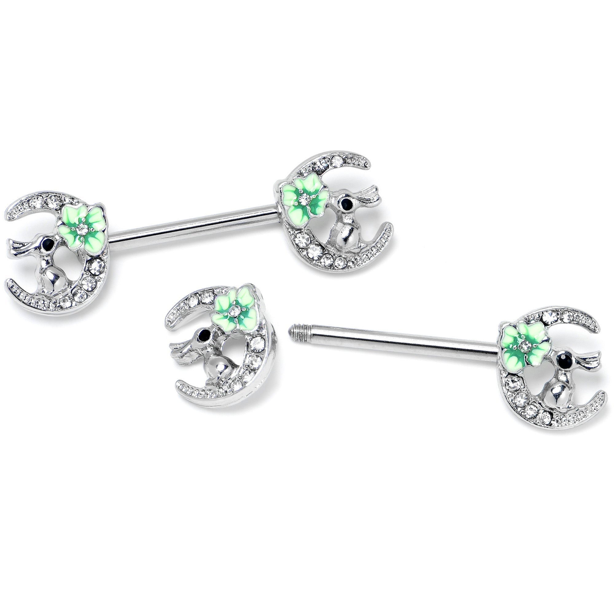 BodyCandy 14G 9/16 Clear Gem Rabbit On Moon Flower Green Nipple Ring Set — back view