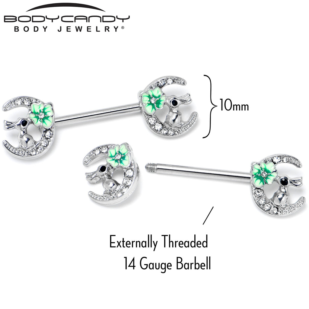 BodyCandy 14G 9/16 Clear Gem Rabbit On Moon Flower Green Nipple Ring Set — alternative angle