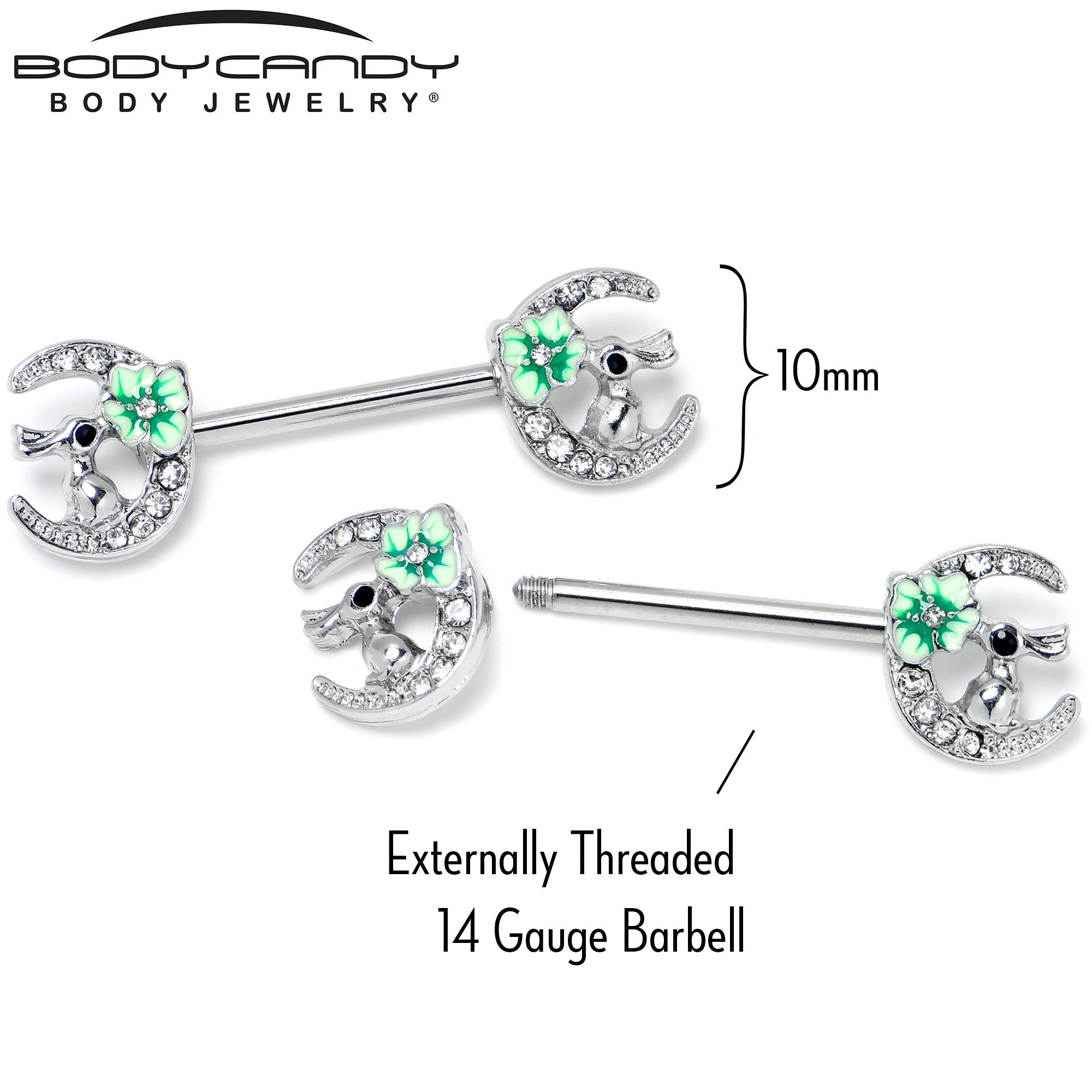 BodyCandy 14G 9/16 Clear Gem Rabbit On Moon Flower Green Nipple Ring Set — alternative angle