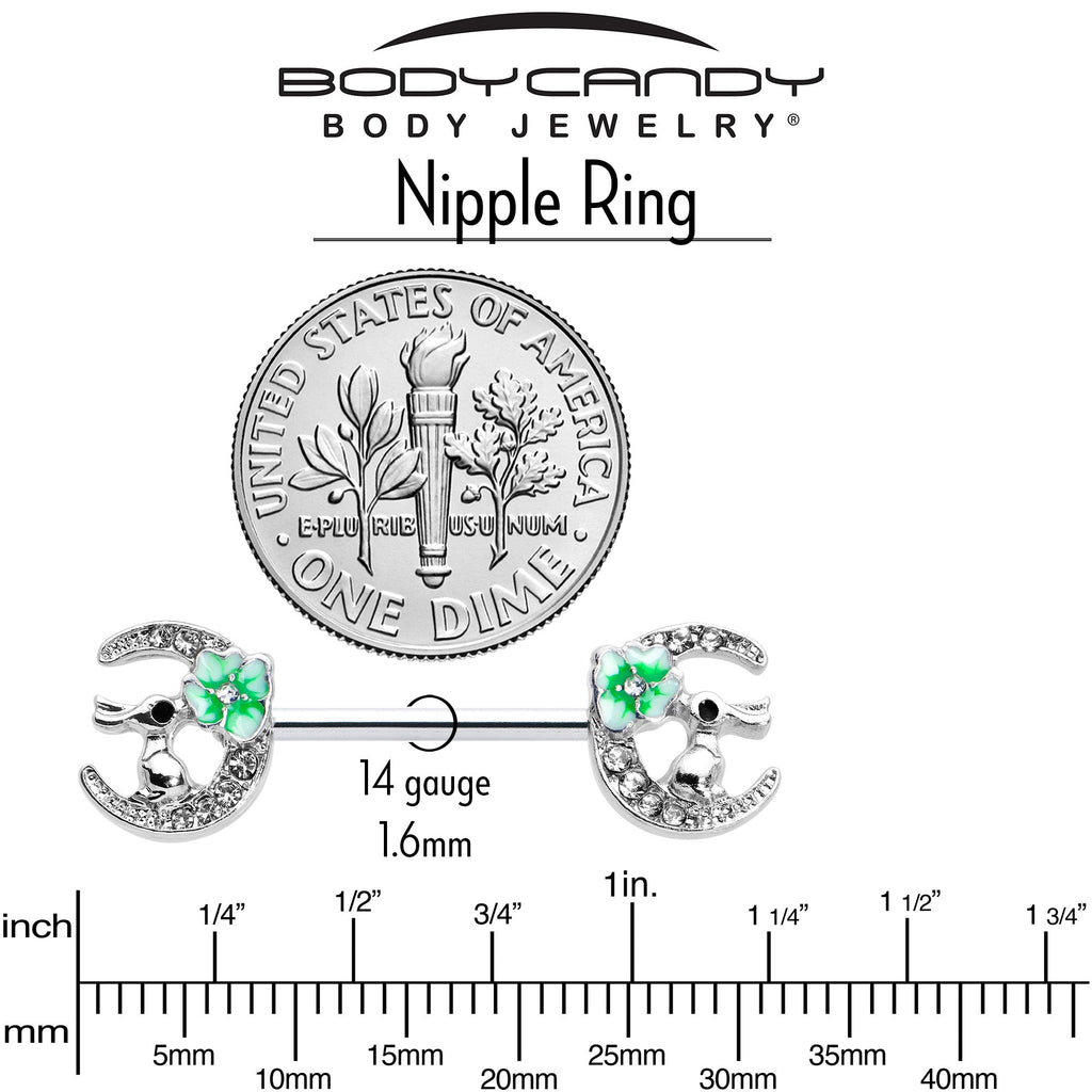 BodyCandy 14G 9/16 Clear Gem Rabbit On Moon Flower Green Nipple Ring Set — in-use photo