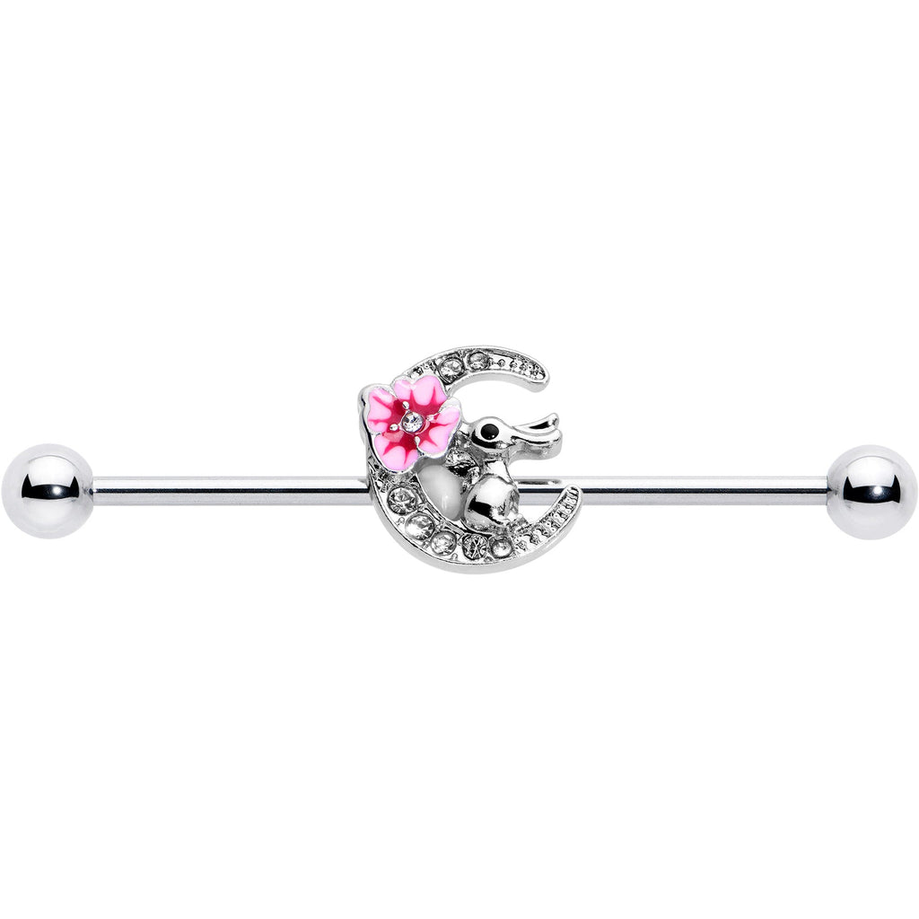 BodyCandy 14G Clear Gem Rabbit On Moon Flower Pink Industrial Barbell 38mm — detail close-up
