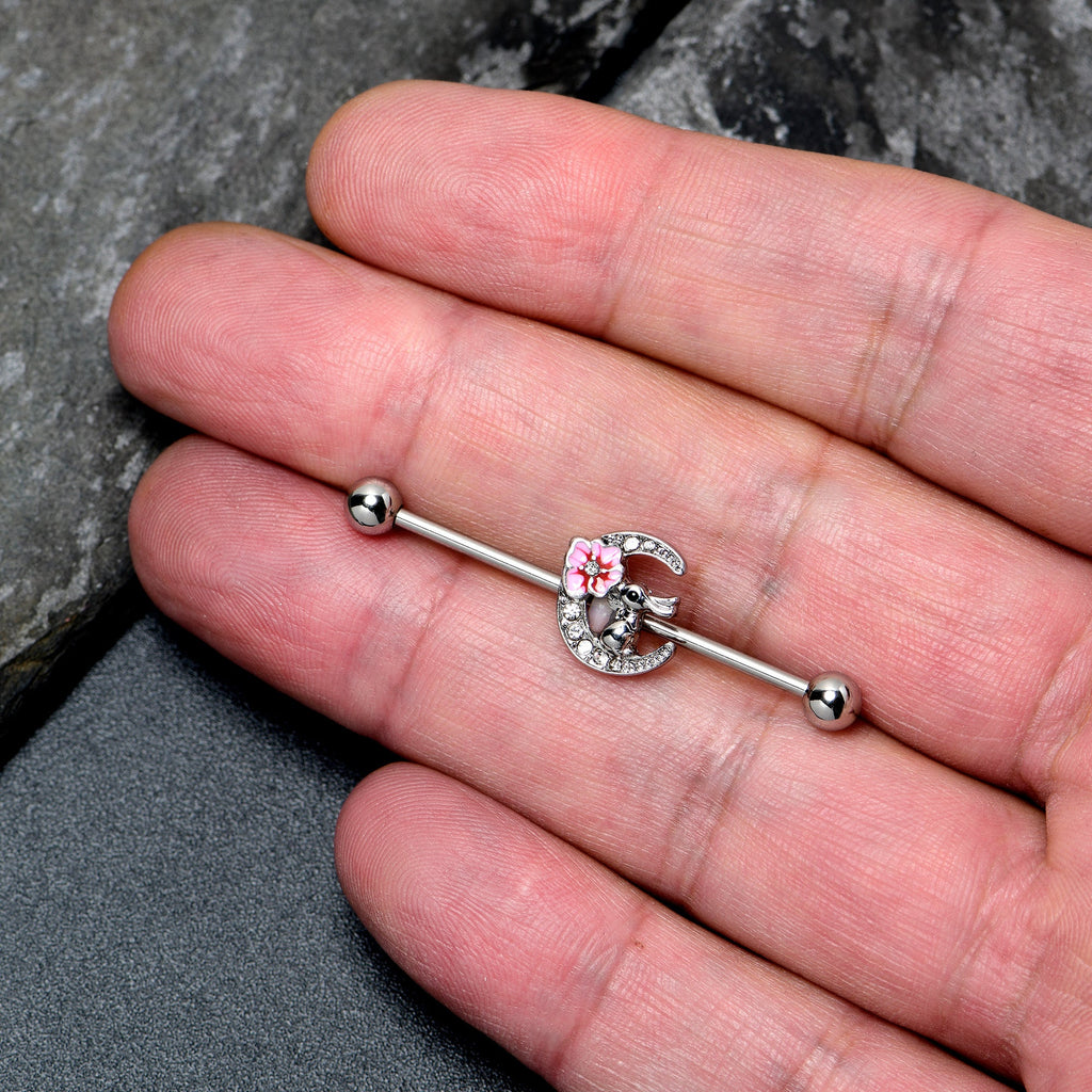 BodyCandy 14G Clear Gem Rabbit On Moon Flower Pink Industrial Barbell 38mm — lifestyle context