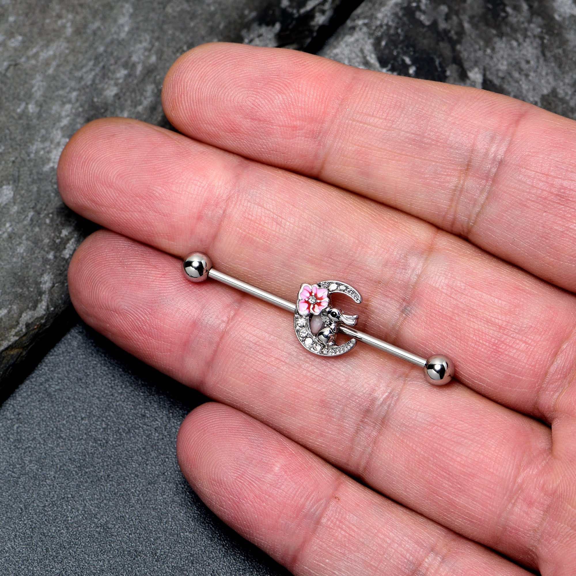 BodyCandy 14G Clear Gem Rabbit On Moon Flower Pink Industrial Barbell 38mm — lifestyle context