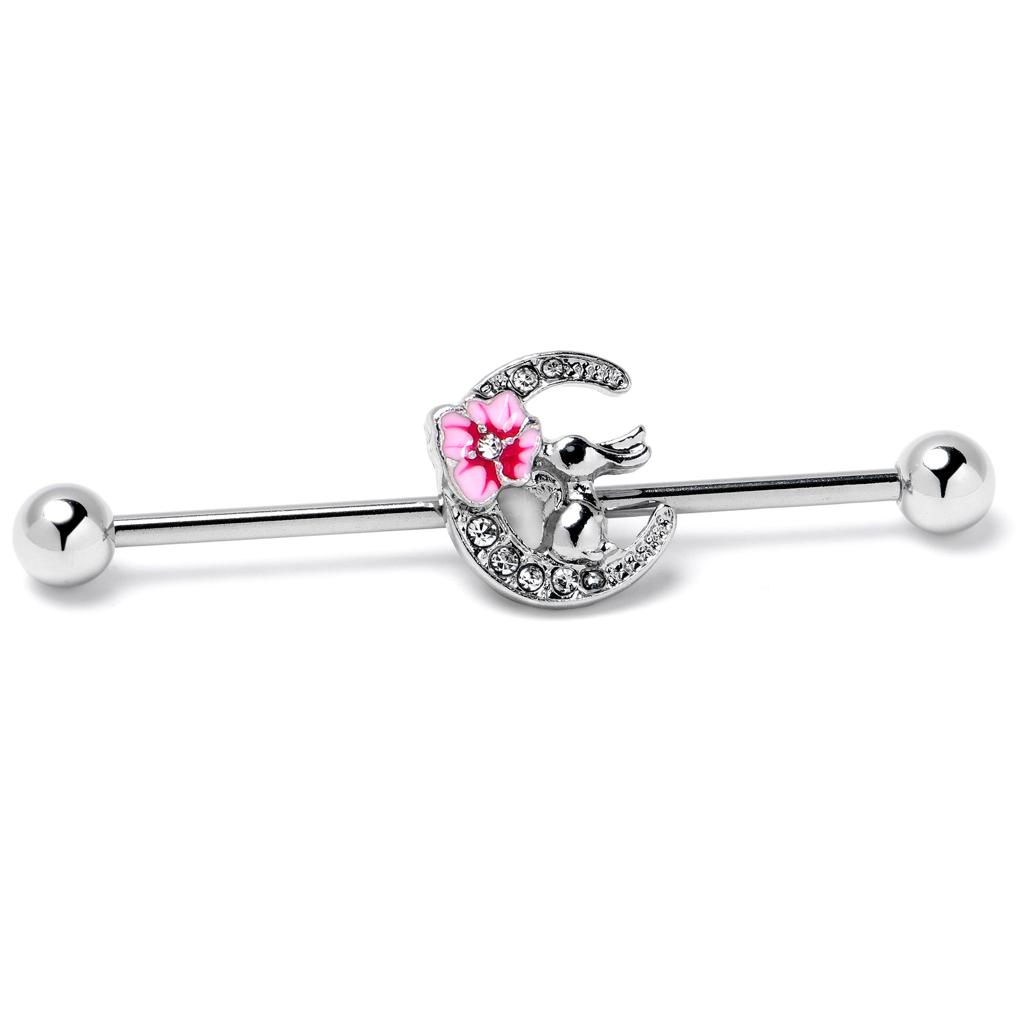 BodyCandy 14G Clear Gem Rabbit On Moon Flower Pink Industrial Barbell 38mm — side view