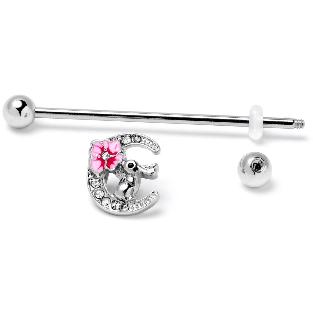 BodyCandy 14G Clear Gem Rabbit On Moon Flower Pink Industrial Barbell 38mm — back view