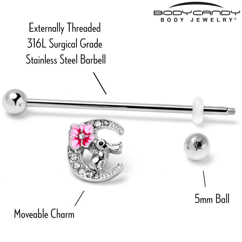 BodyCandy 14G Clear Gem Rabbit On Moon Flower Pink Industrial Barbell 38mm — alternative angle