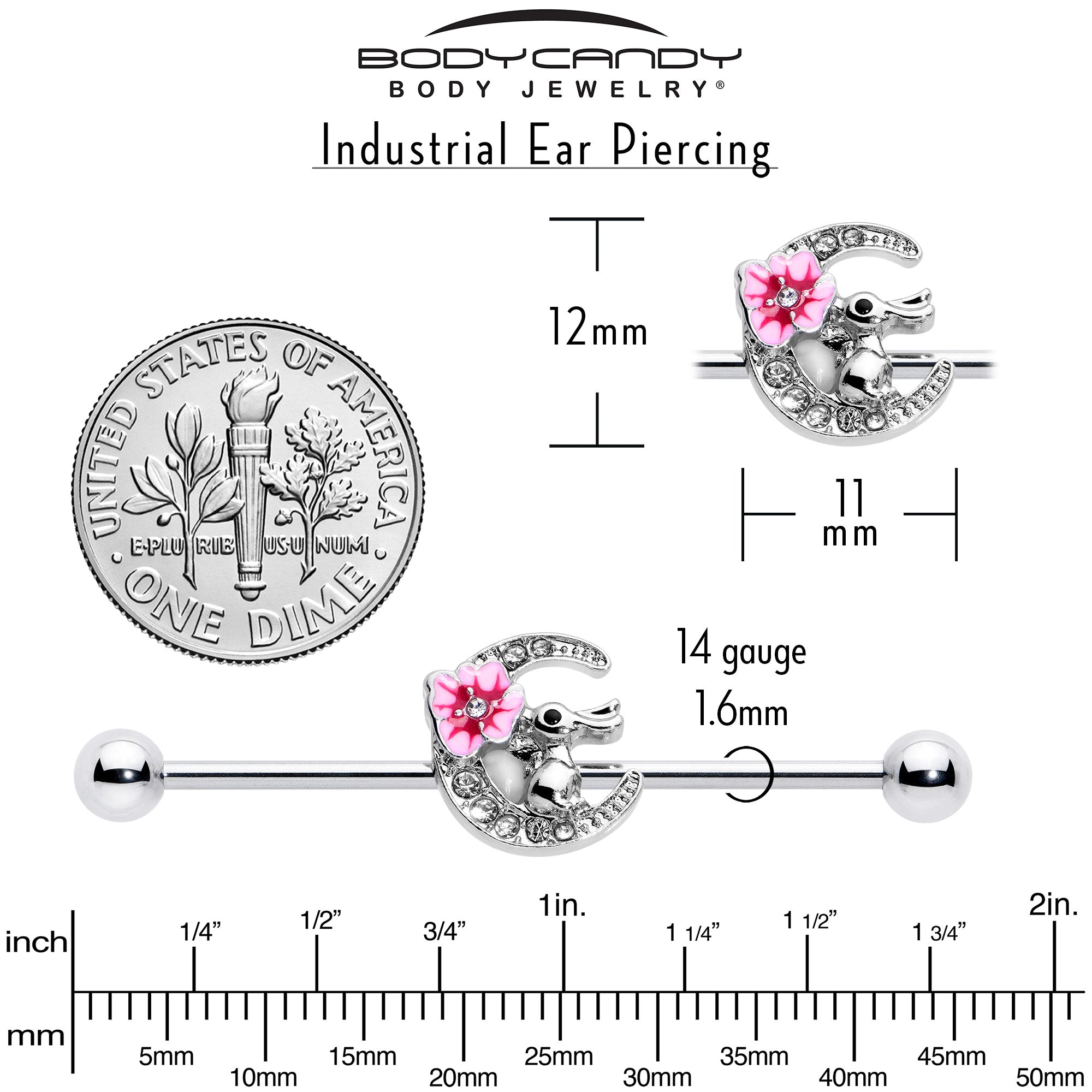 BodyCandy 14G Clear Gem Rabbit On Moon Flower Pink Industrial Barbell 38mm — in-use photo