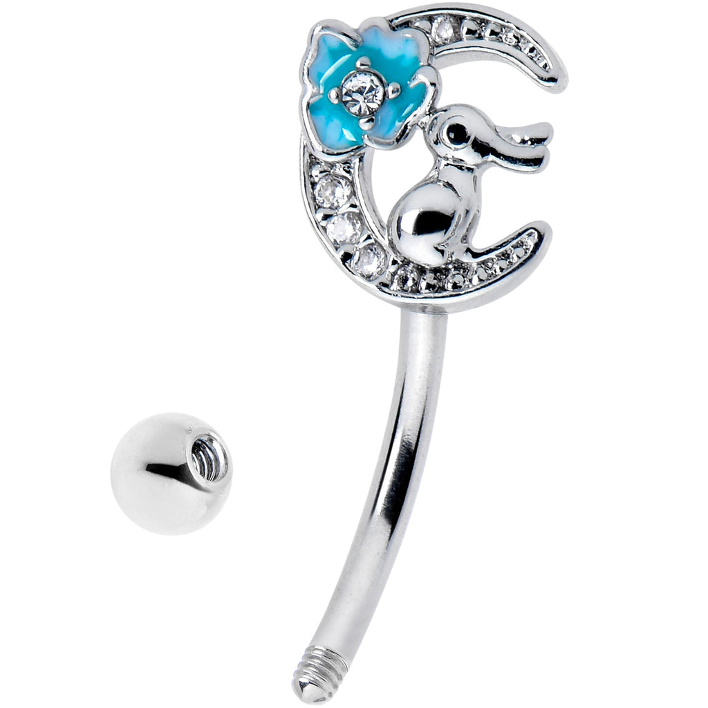 BodyCandy 16G 5/16 Clear CZ Gem Rabbit On The Moon Blue Curved Eyebrow Ring — detail close-up