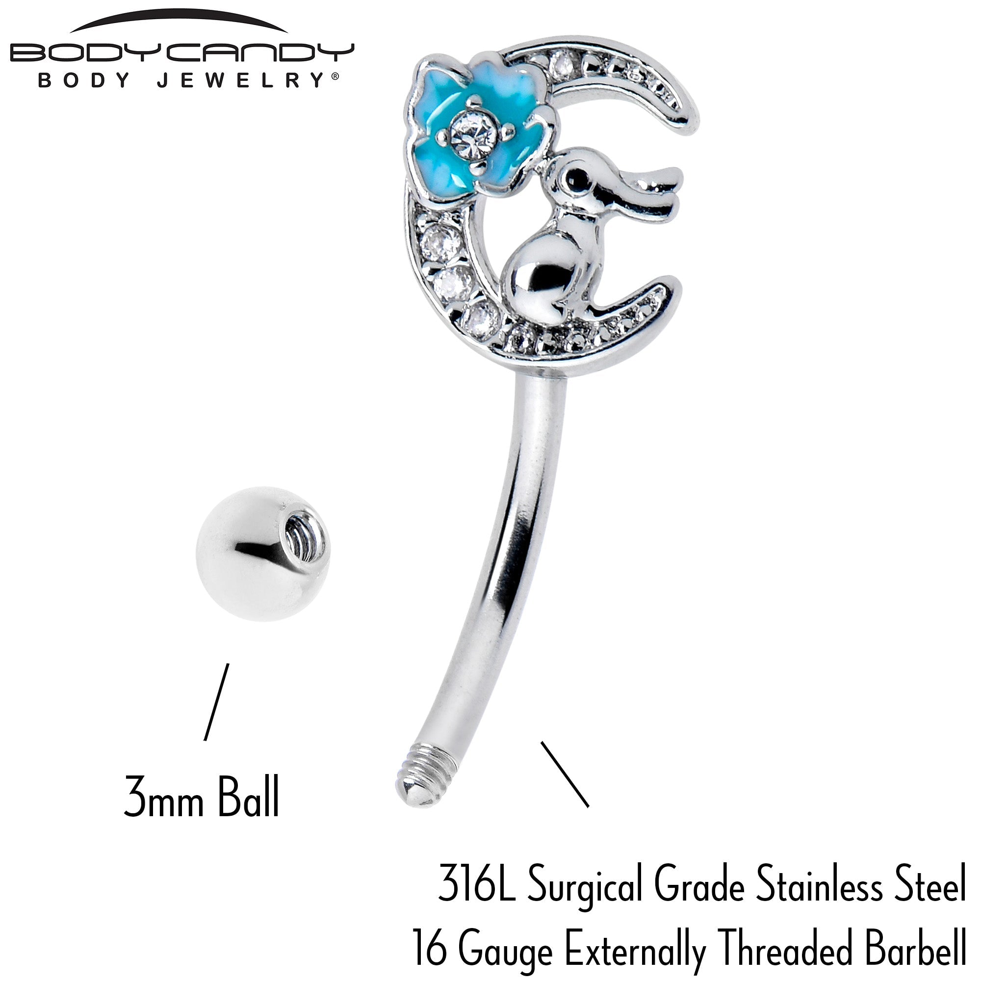 BodyCandy 16G 5/16 Clear CZ Gem Rabbit On The Moon Blue Curved Eyebrow Ring — side view