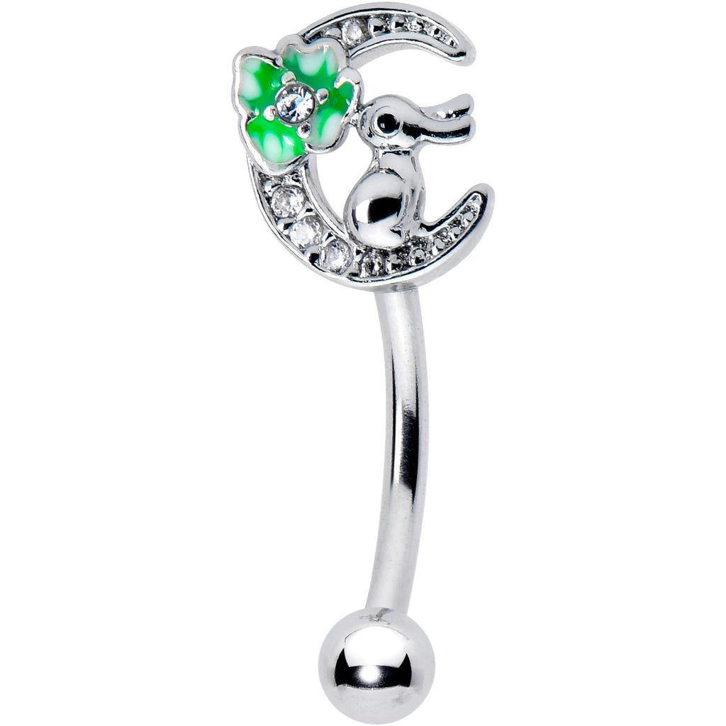 BodyCandy 16G 5/16 Clear CZ Gem Rabbit On The Moon Green Curved Eyebrow Ring — main product shot