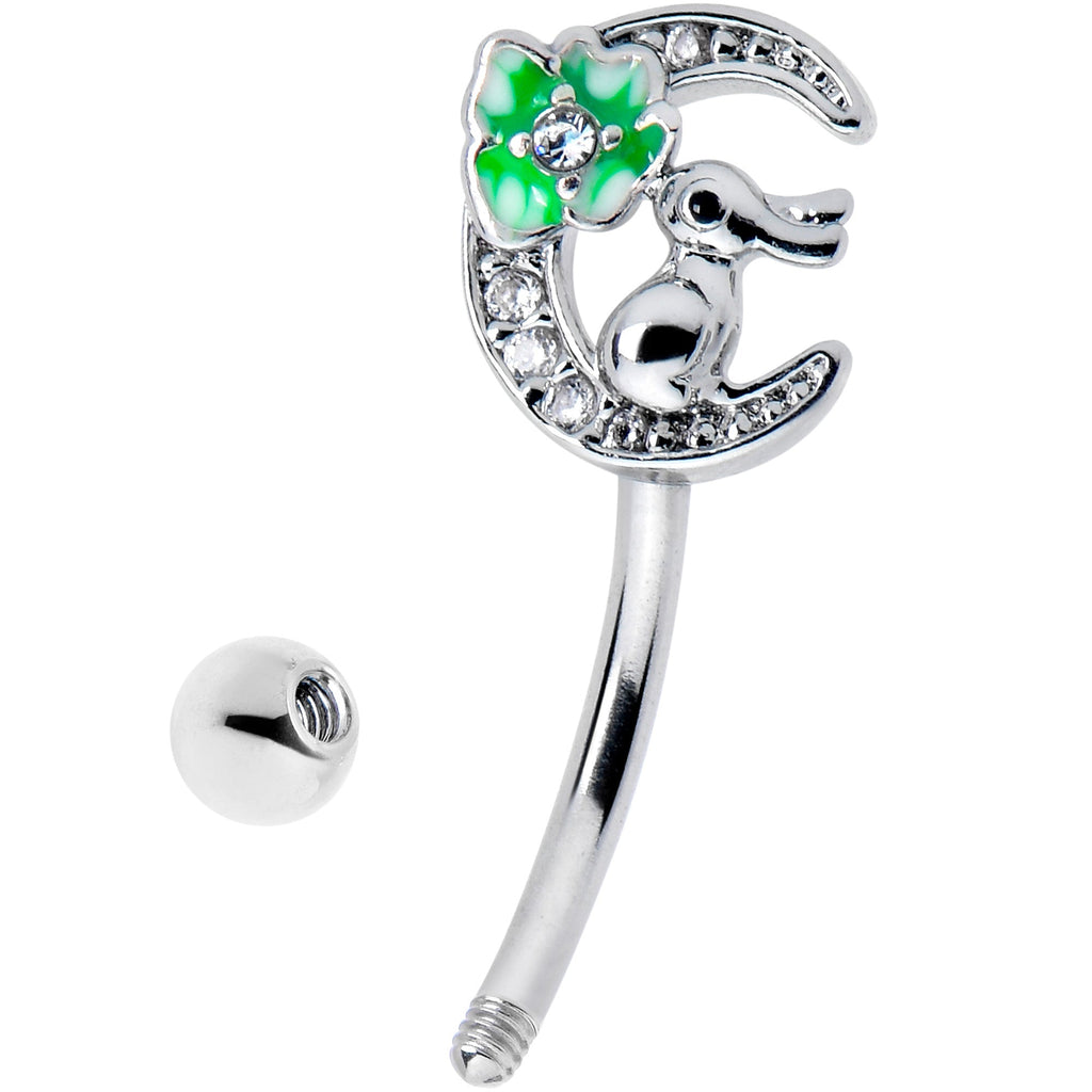 BodyCandy 16G 5/16 Clear CZ Gem Rabbit On The Moon Green Curved Eyebrow Ring — detail close-up