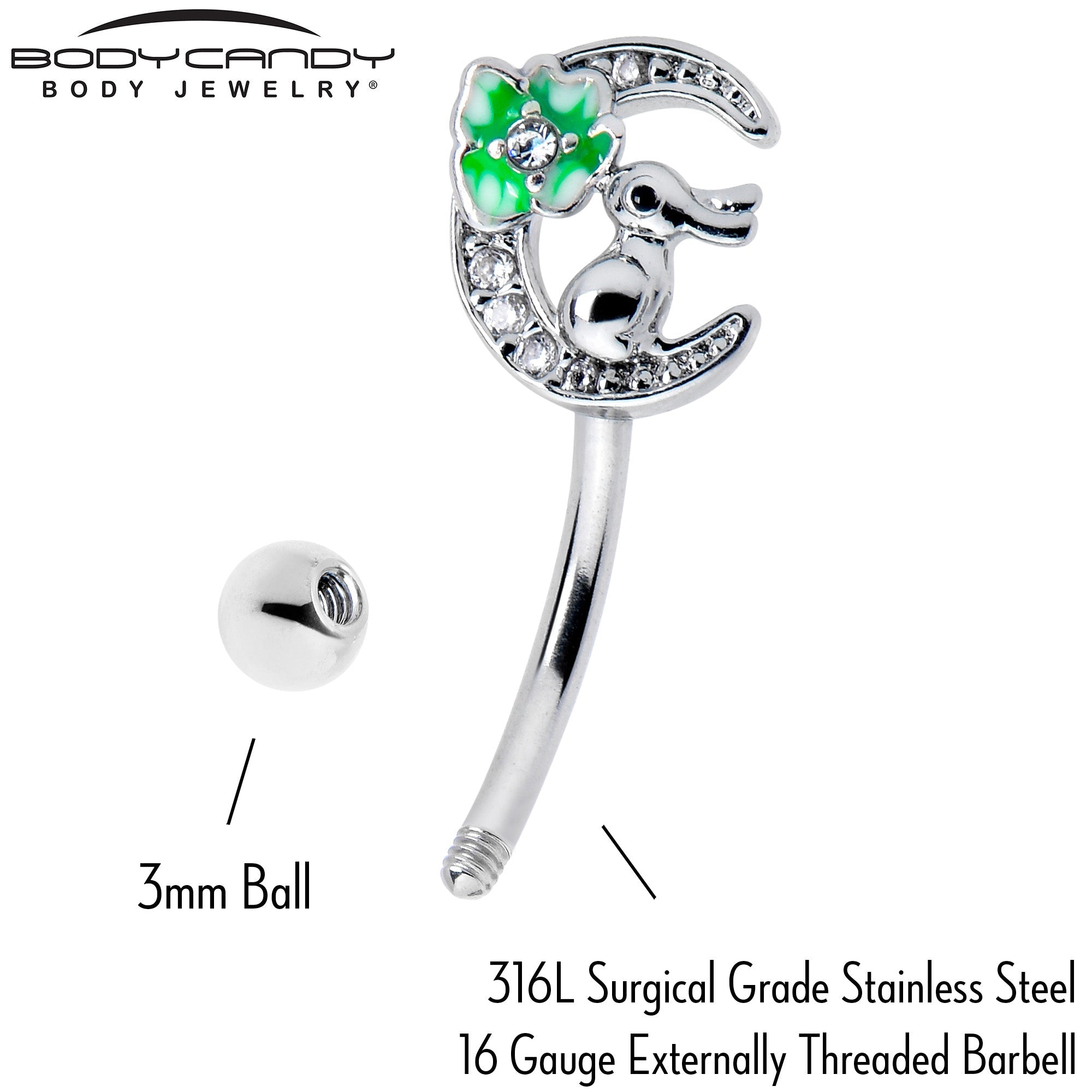 BodyCandy 16G 5/16 Clear CZ Gem Rabbit On The Moon Green Curved Eyebrow Ring — side view